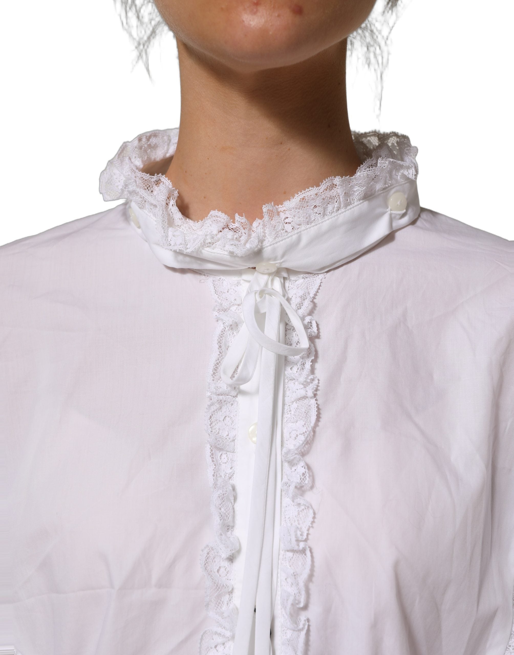 Dolce & Gabbana White Ruffled Lace Embellished Blouse Women's Top