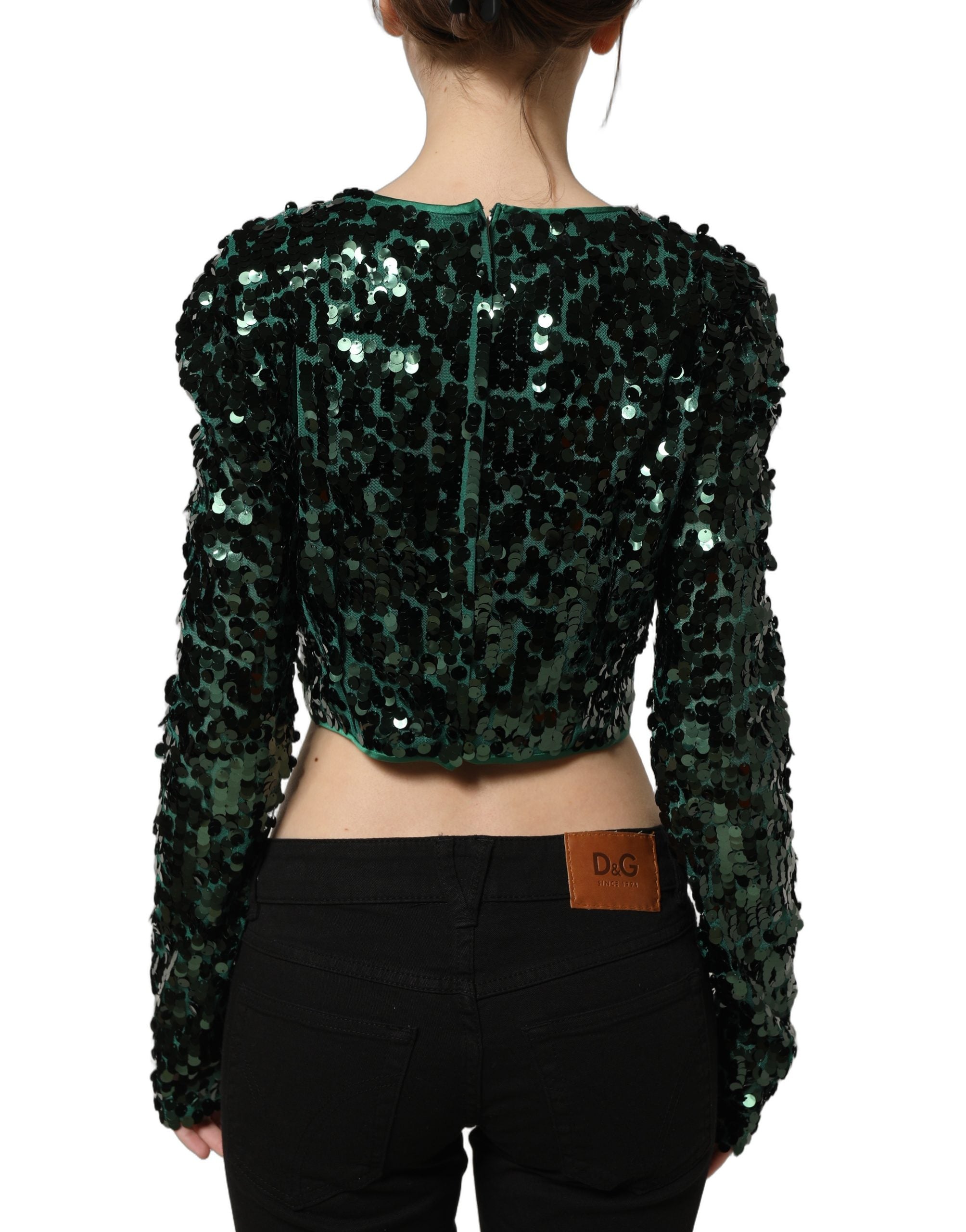 Dolce & Gabbana Green Sequined Long Sleeves Crop Blouse Women's Top