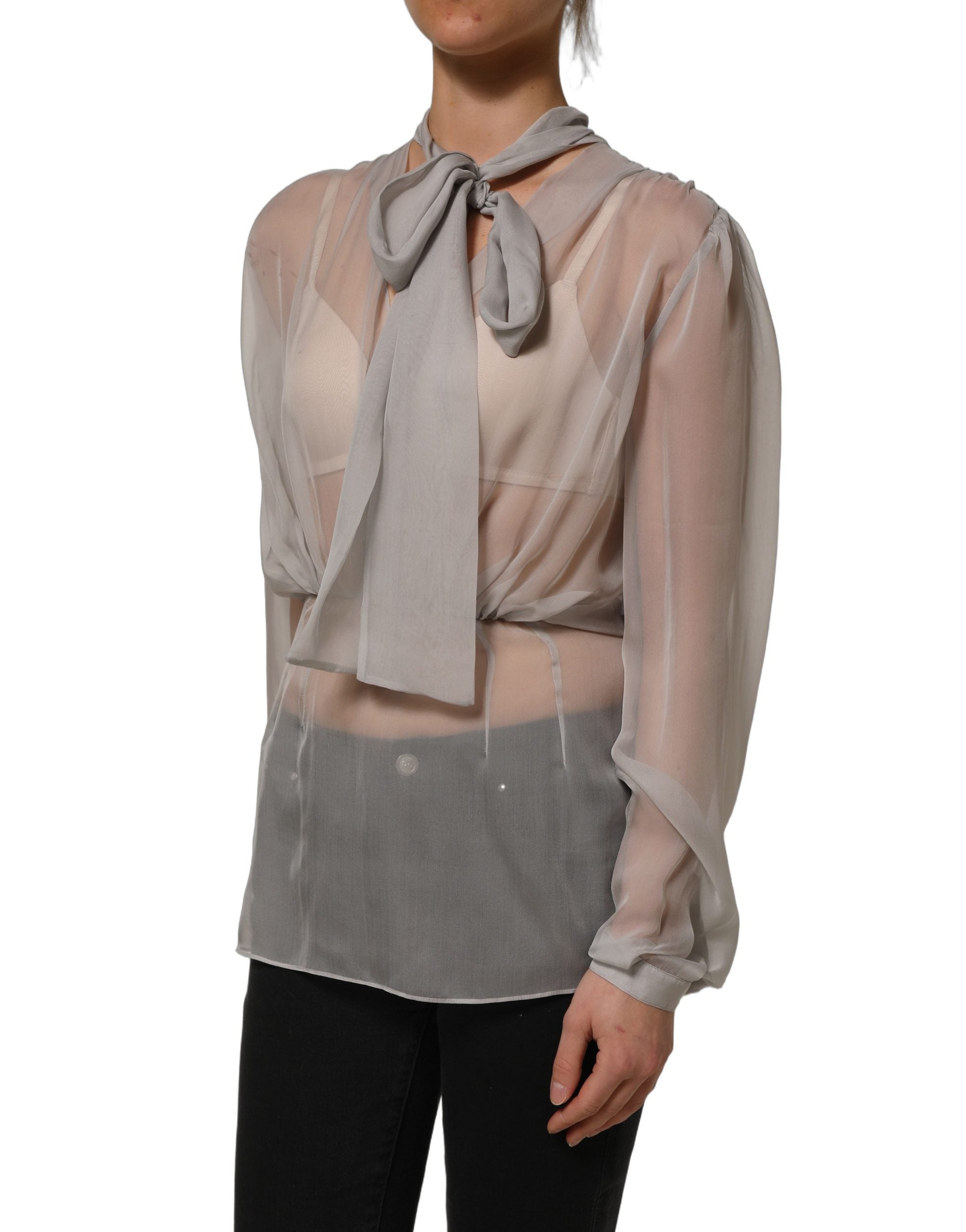 Dolce & Gabbana Gray Sheer Silk Chiffon Shirt Bow Collar Women's Top (Pre-Owned)
