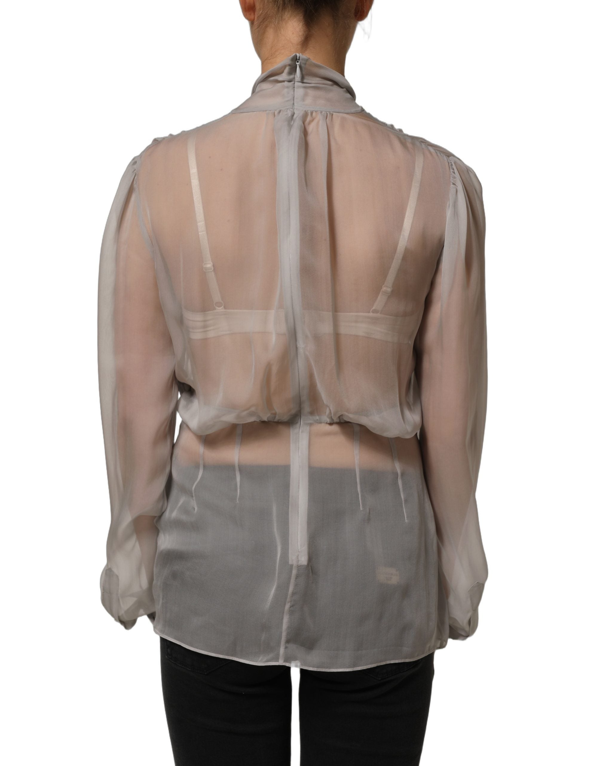 Dolce & Gabbana Gray Sheer Silk Chiffon Shirt Bow Collar Women's Top (Pre-Owned)