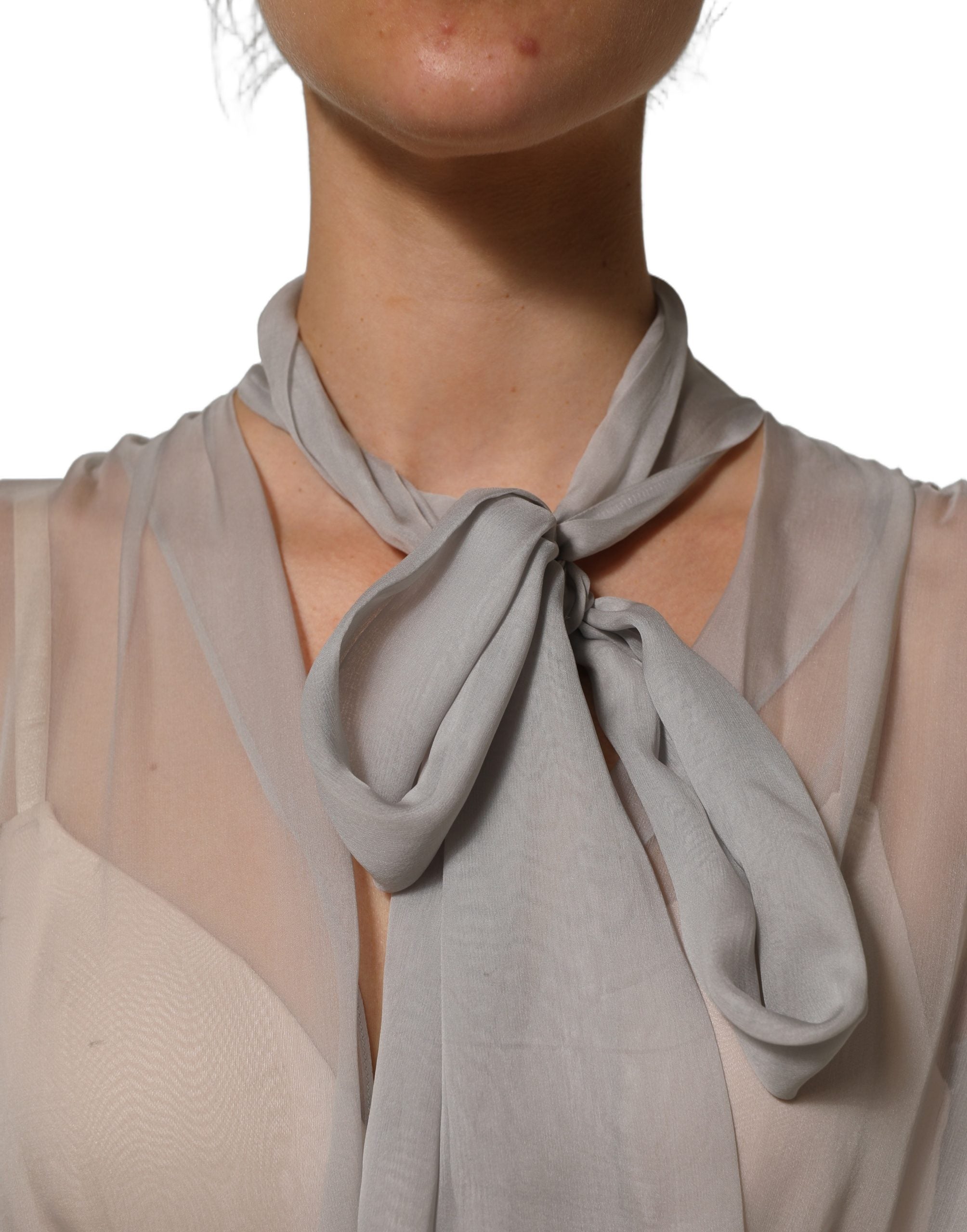 Dolce & Gabbana Gray Sheer Silk Chiffon Shirt Bow Collar Women's Top (Pre-Owned)