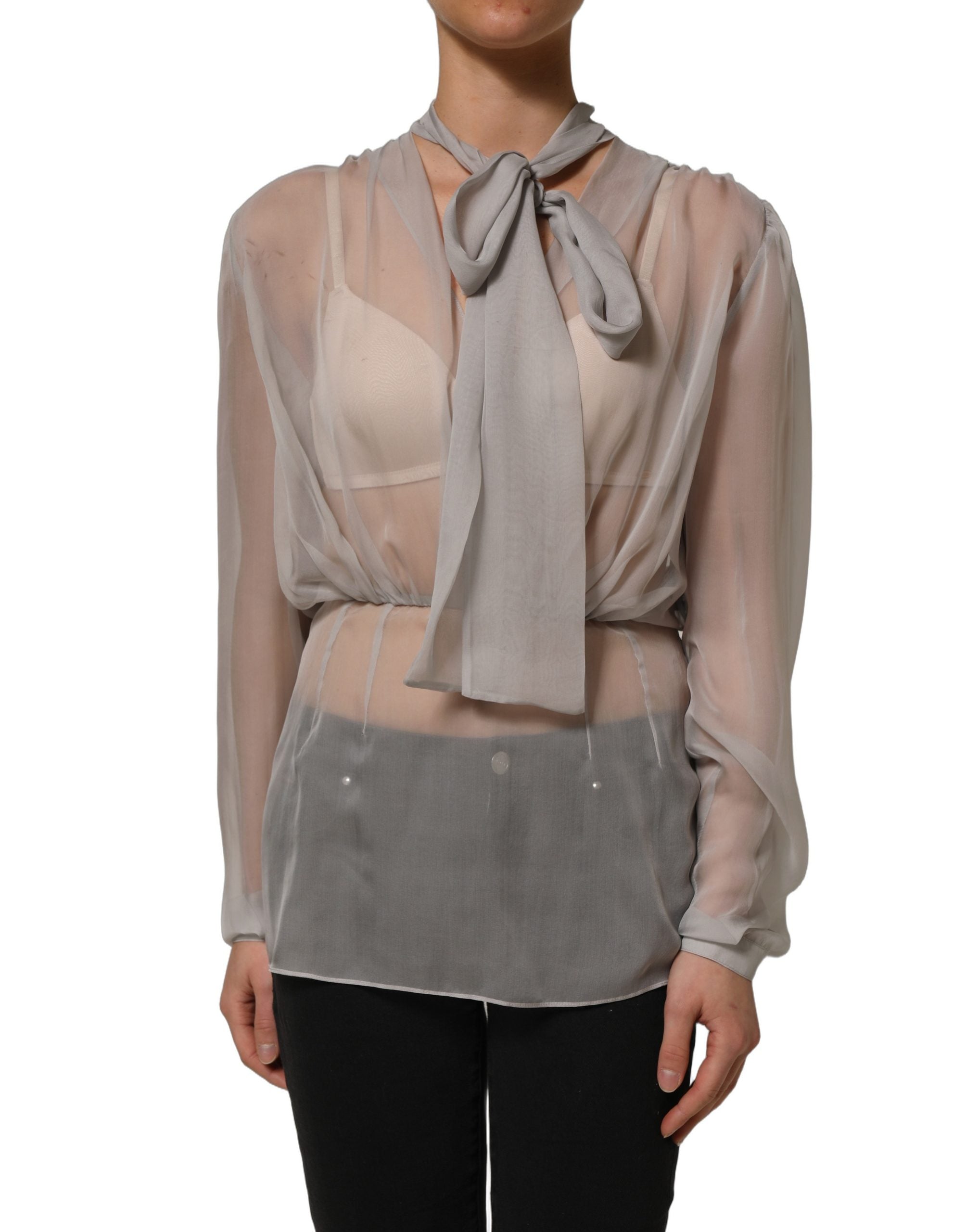 Dolce & Gabbana Gray Sheer Silk Chiffon Shirt Bow Collar Women's Top (Pre-Owned)