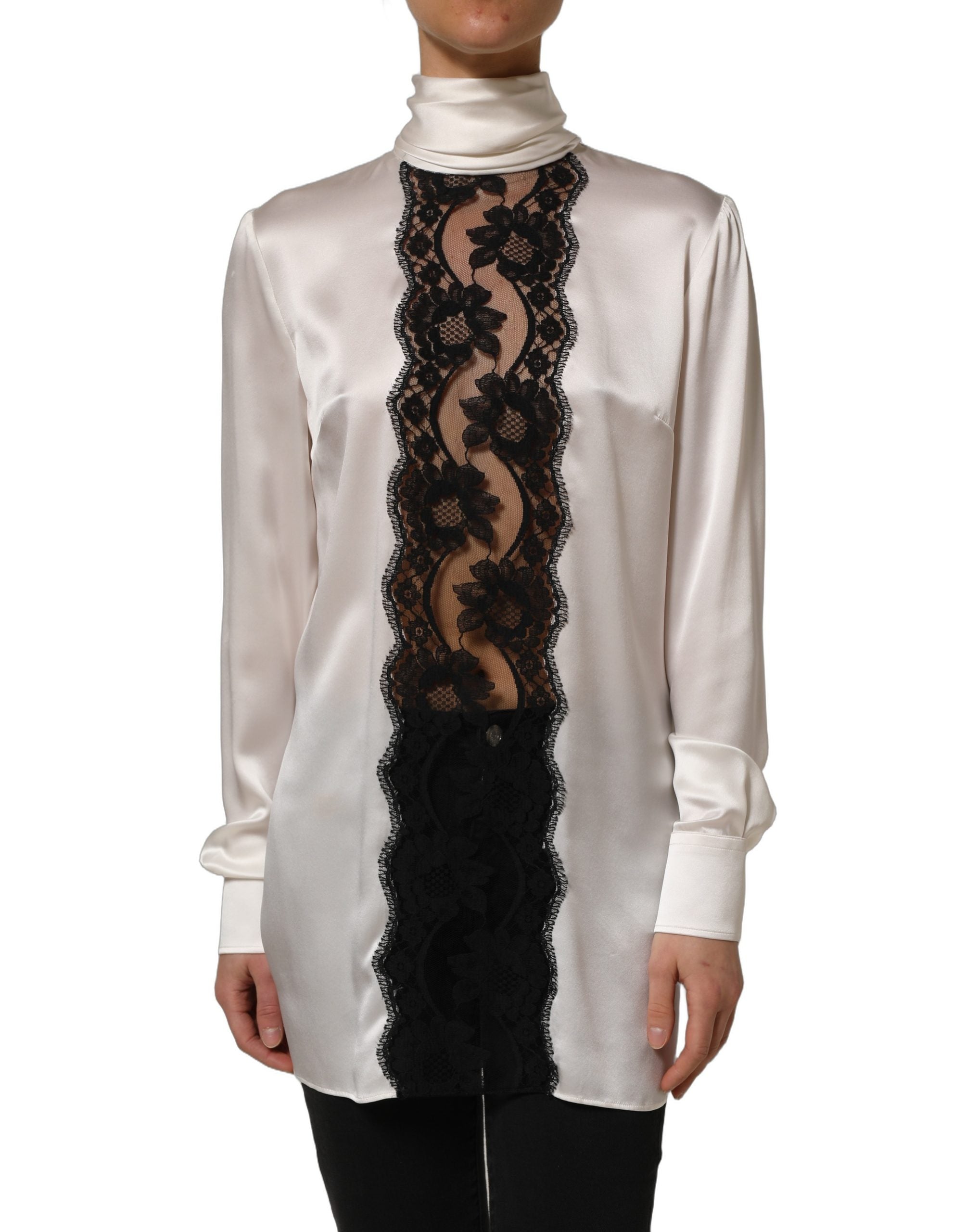Dolce & Gabbana White satin Lace Trim LOng Sleeves Blouse Women's Top (Pre-Owned)