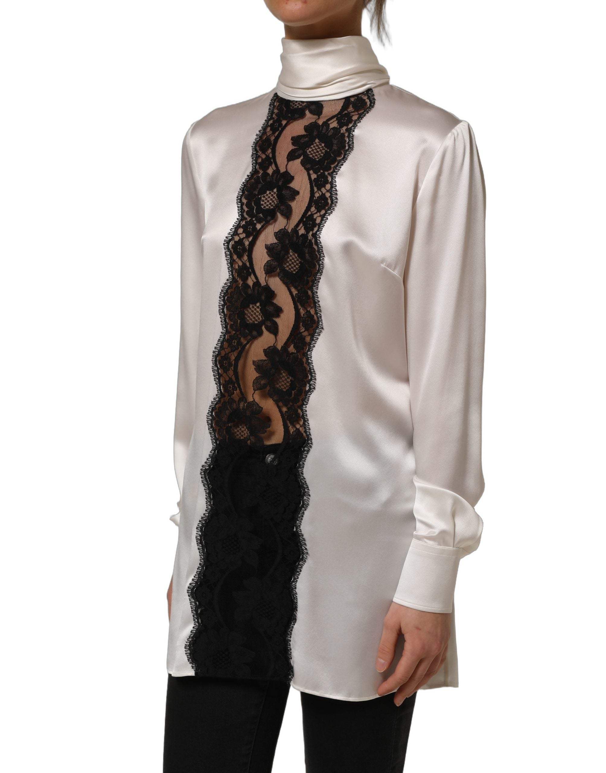Dolce & Gabbana White satin Lace Trim LOng Sleeves Blouse Women's Top (Pre-Owned)