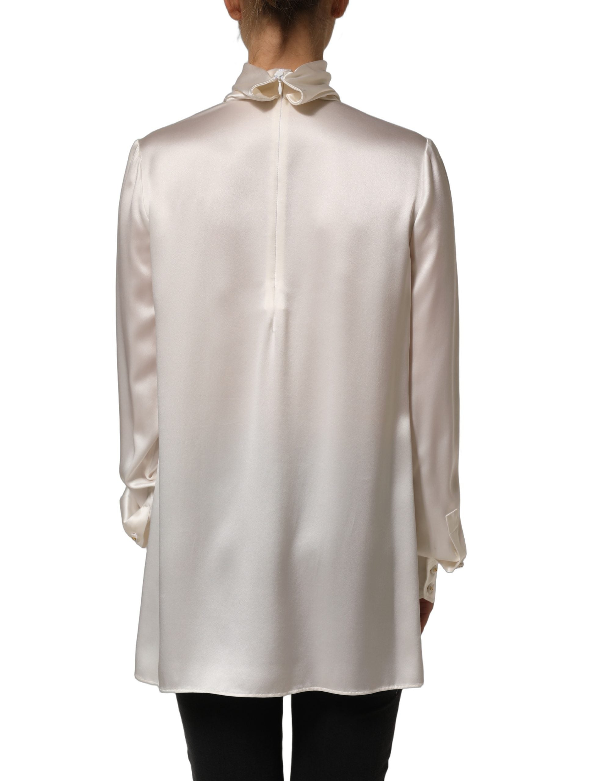 Dolce & Gabbana White satin Lace Trim LOng Sleeves Blouse Women's Top (Pre-Owned)