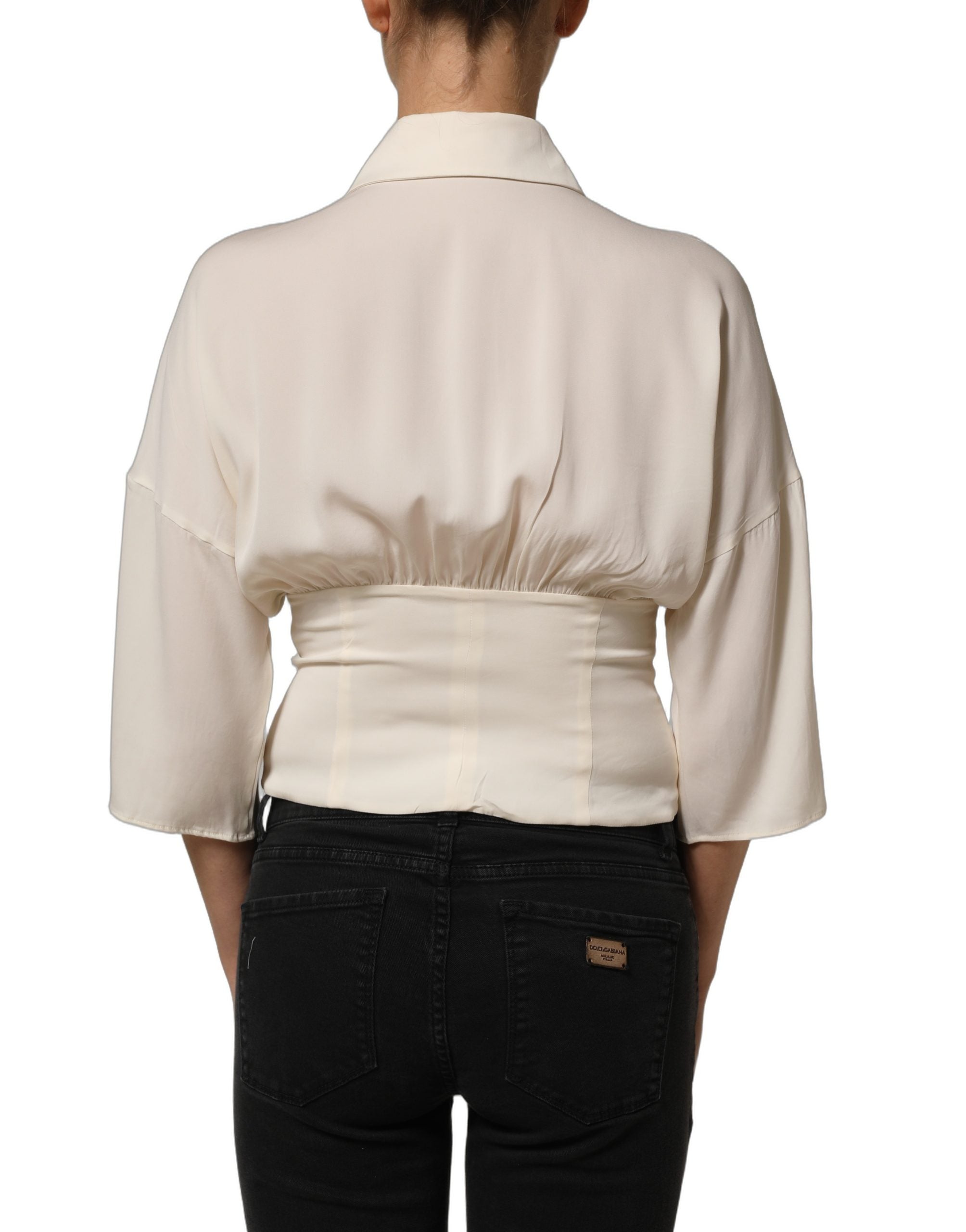 Dolce & Gabbana Off White Ascot Collar Long Sleeves Blouse Women's Top