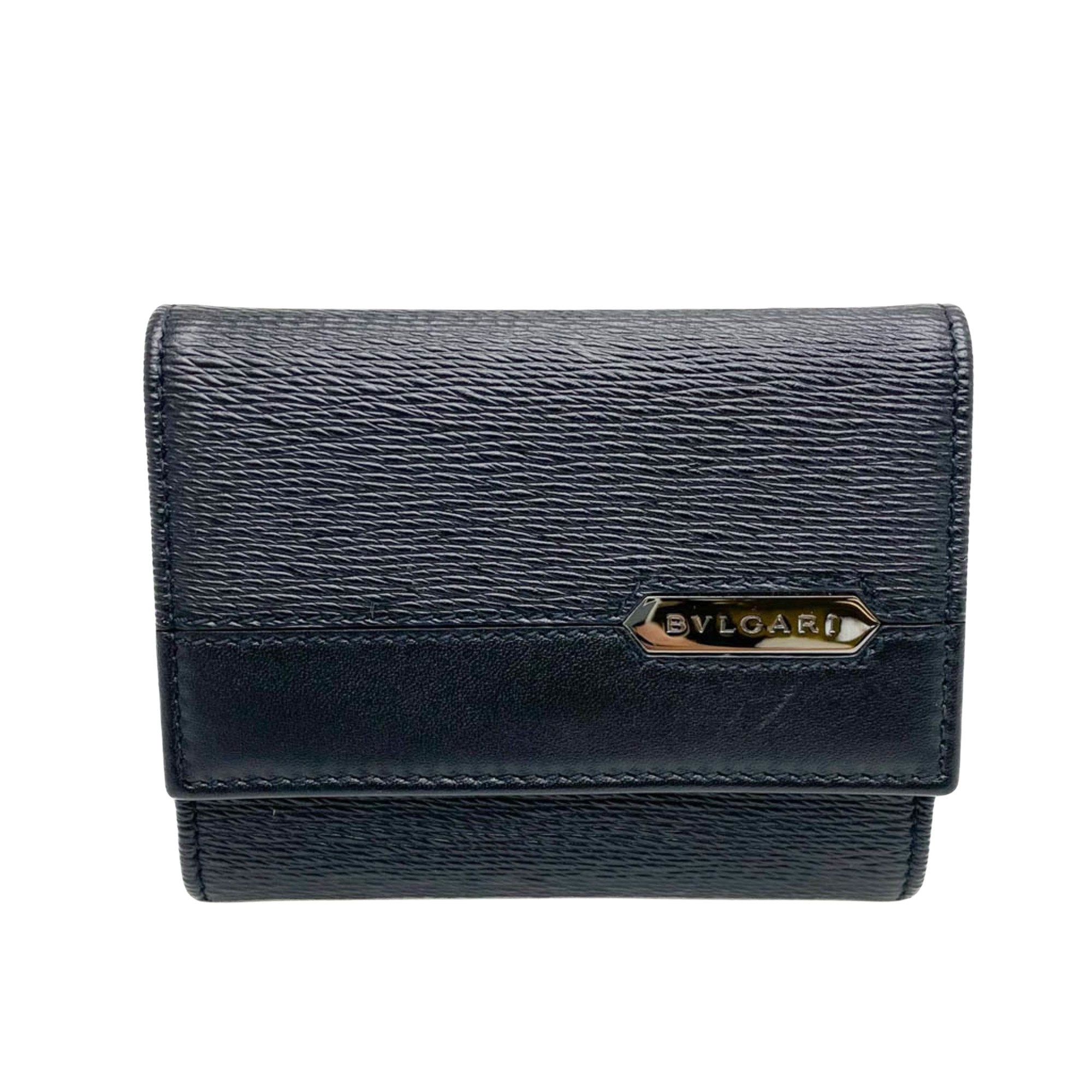 Bulgari Card Case Black Leather Wallet  (Pre-Owned)