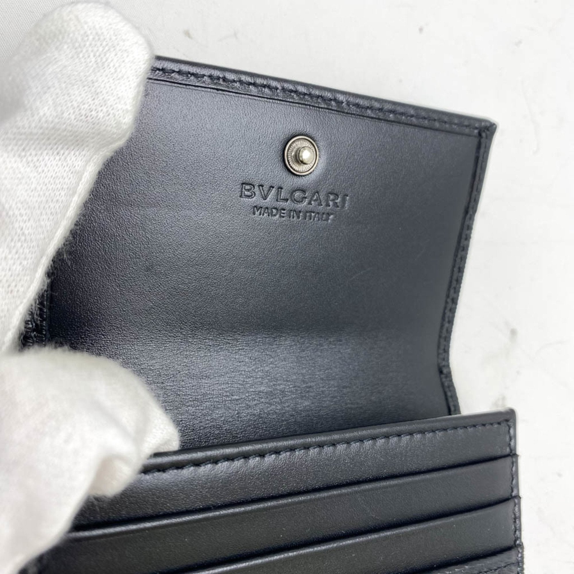 Bulgari Card Case Black Leather Wallet  (Pre-Owned)