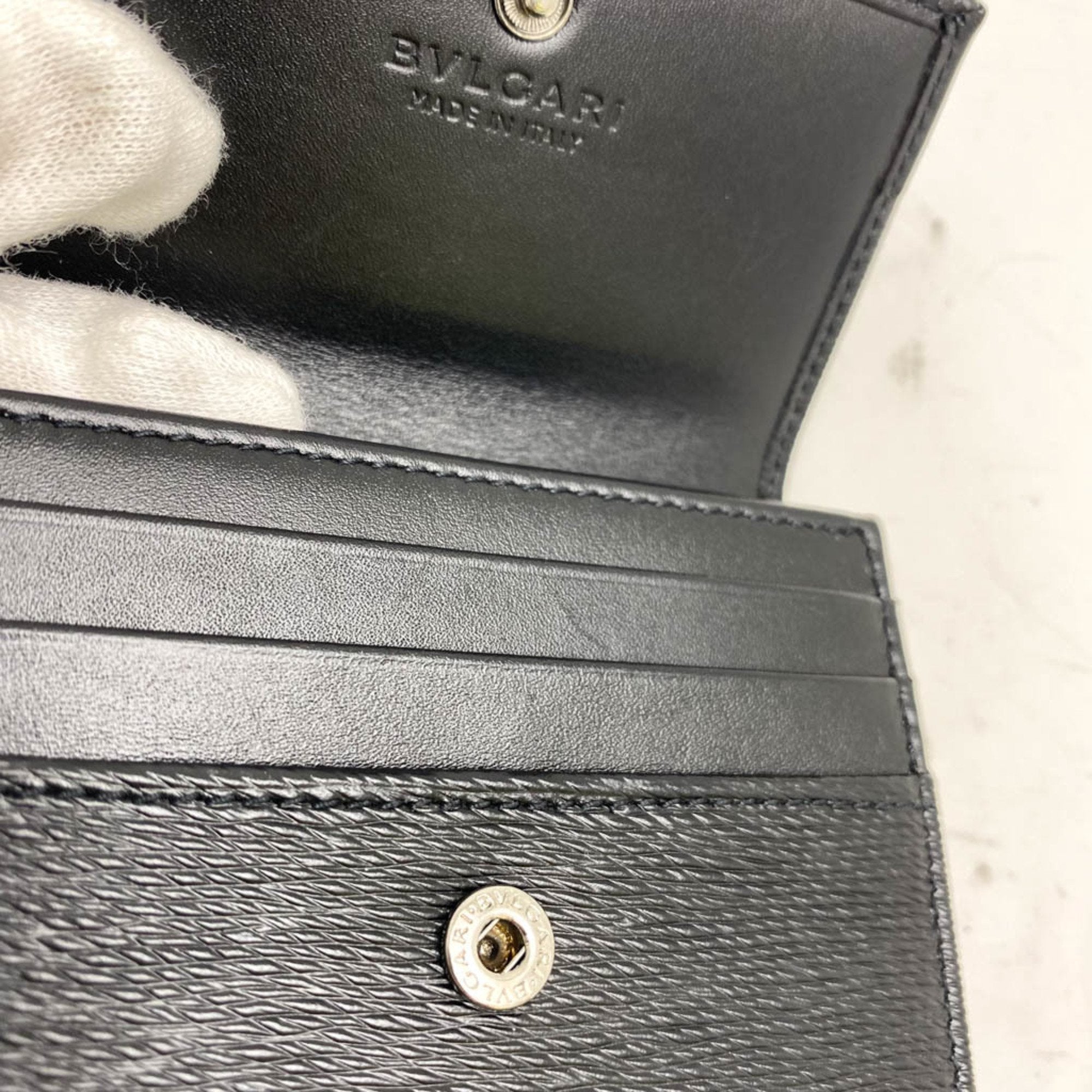 Bulgari Card Case Black Leather Wallet  (Pre-Owned)
