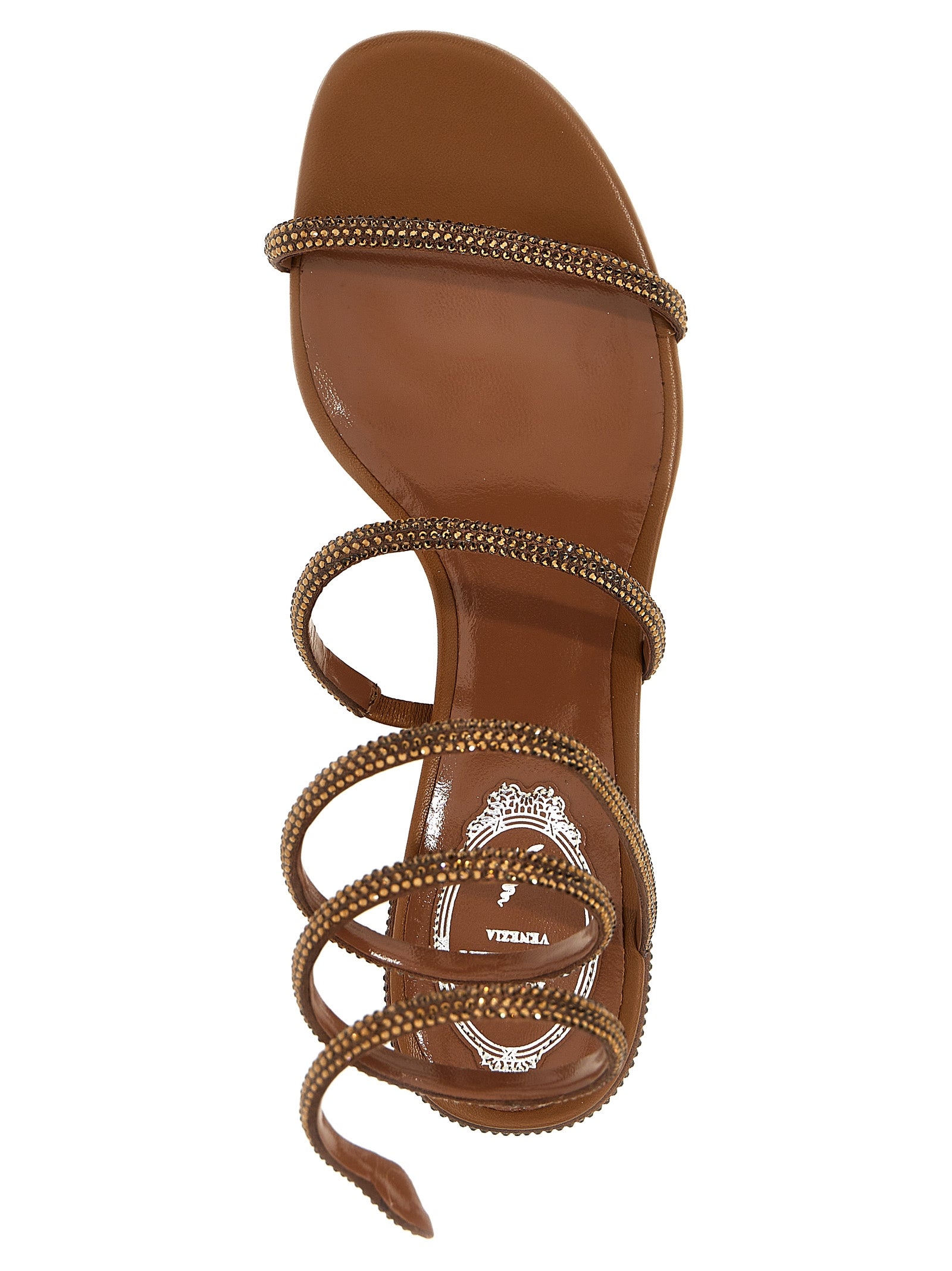 RENE CAOVILLA Brown Satin Flat Women's Sandals