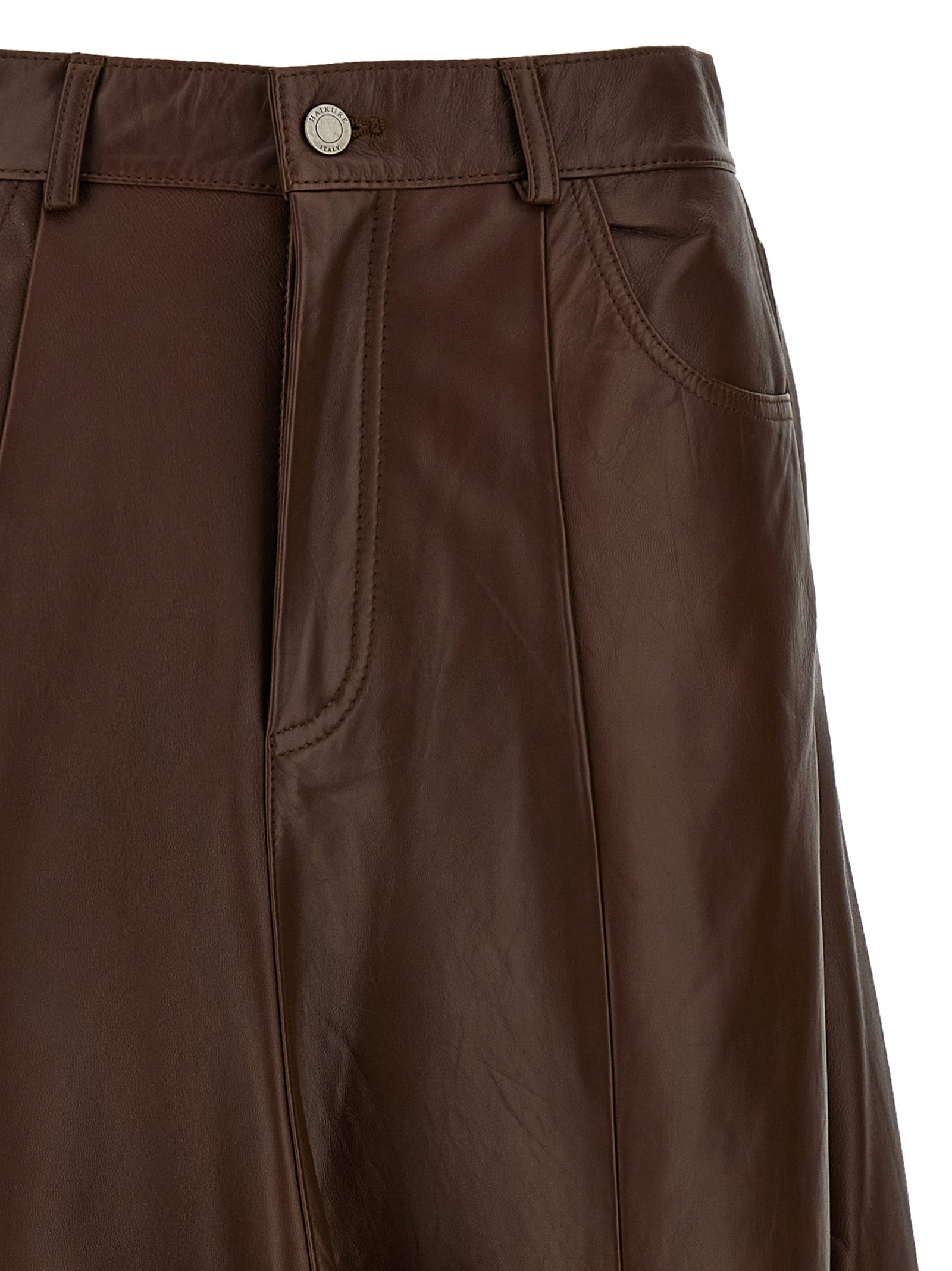 Haikure Brown Lamb Leather Midi Women's Skirt