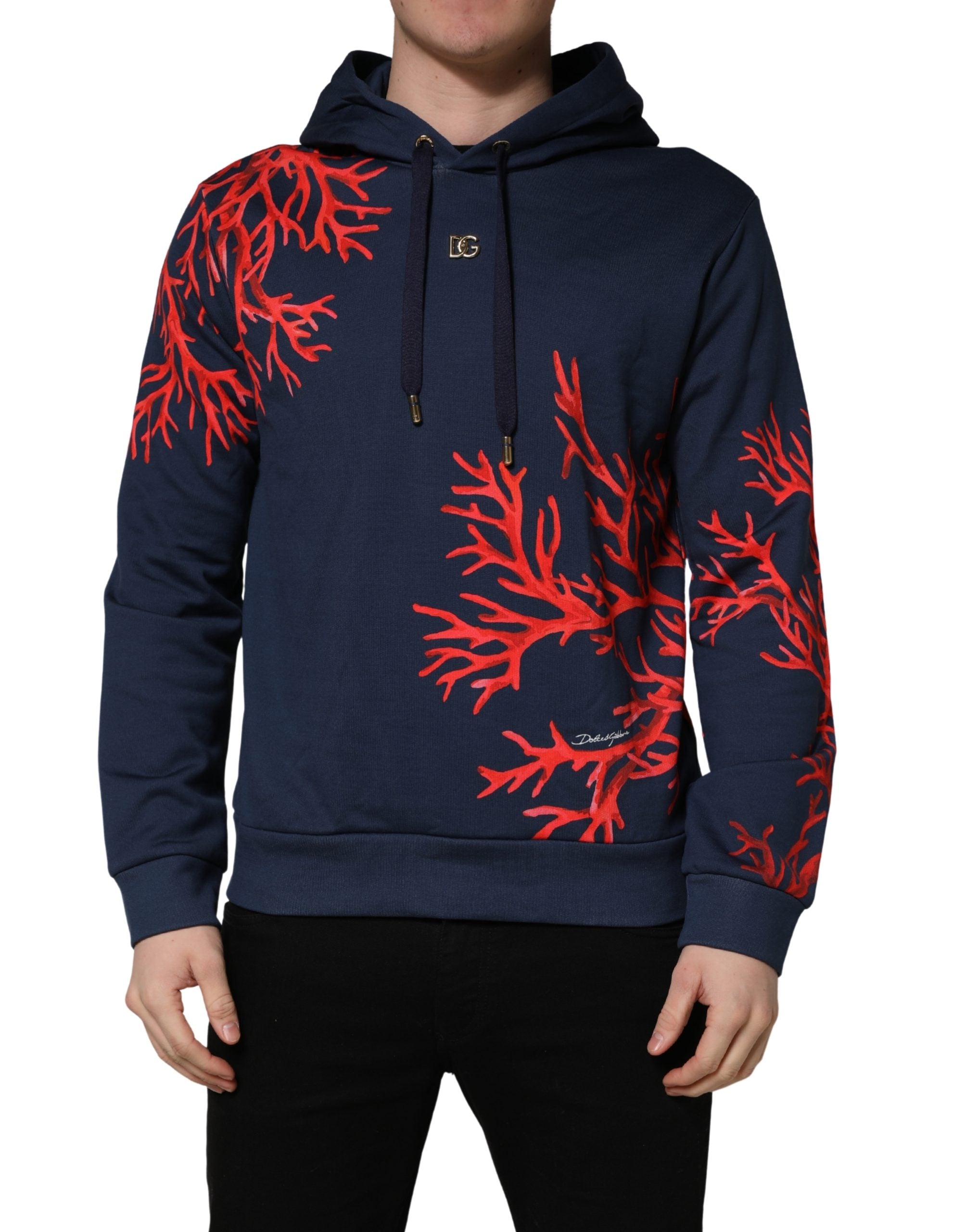 Dolce & Gabbana Blue Cotton Coral Logo Hooded Sweatshirt Men's Sweater