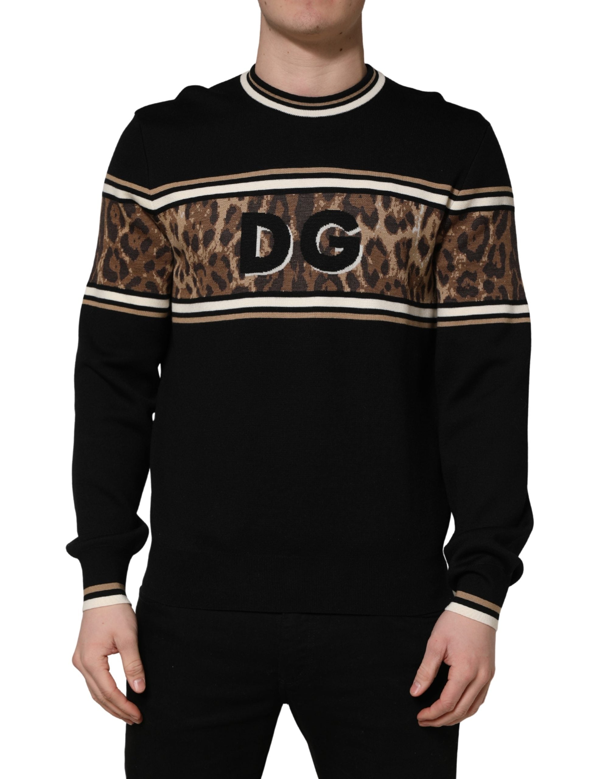 Dolce & Gabbana Black Leopard Wool Crew Neck Men Pullover Men's Sweater