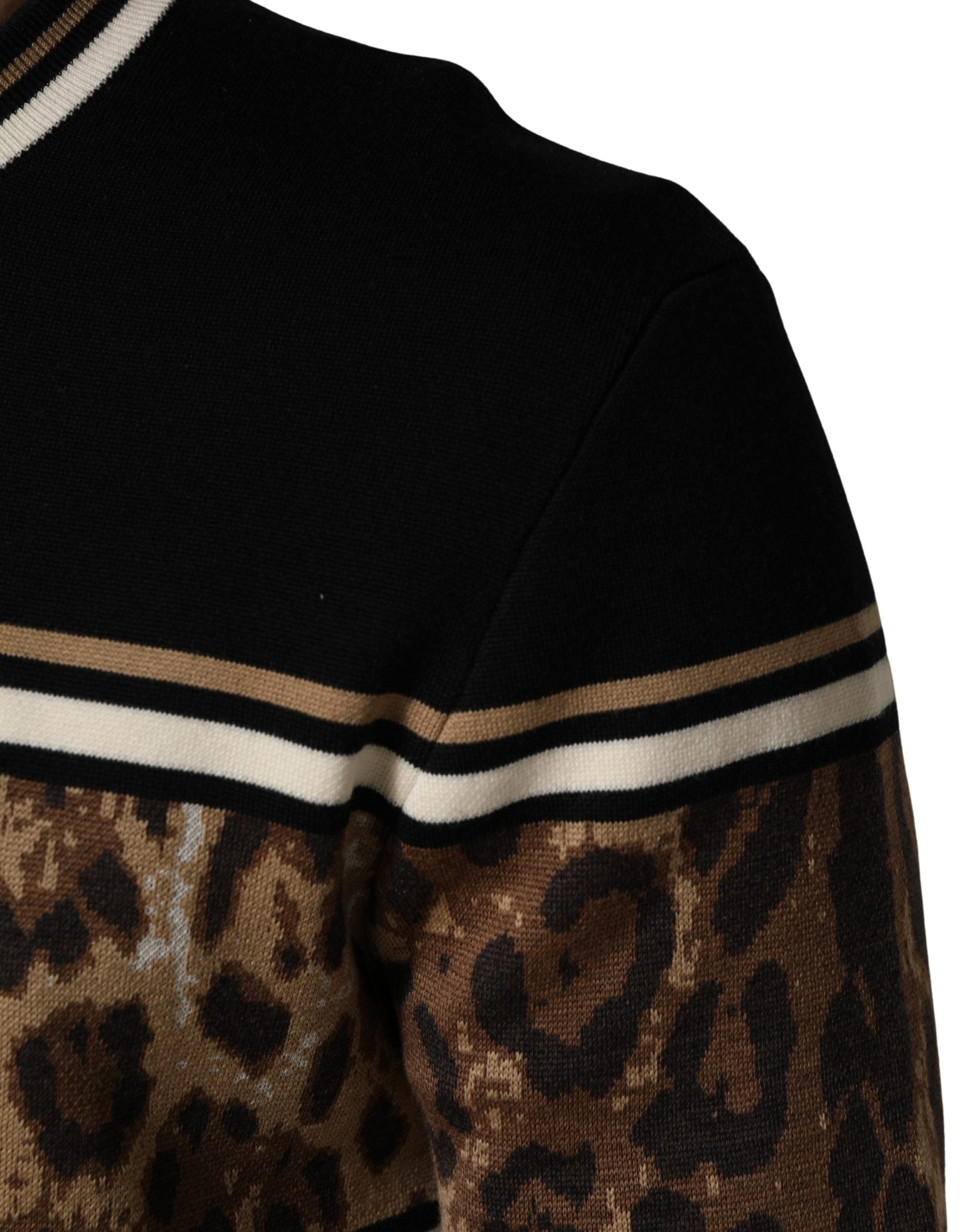 Dolce & Gabbana Black Leopard Wool Crew Neck Men Pullover Men's Sweater