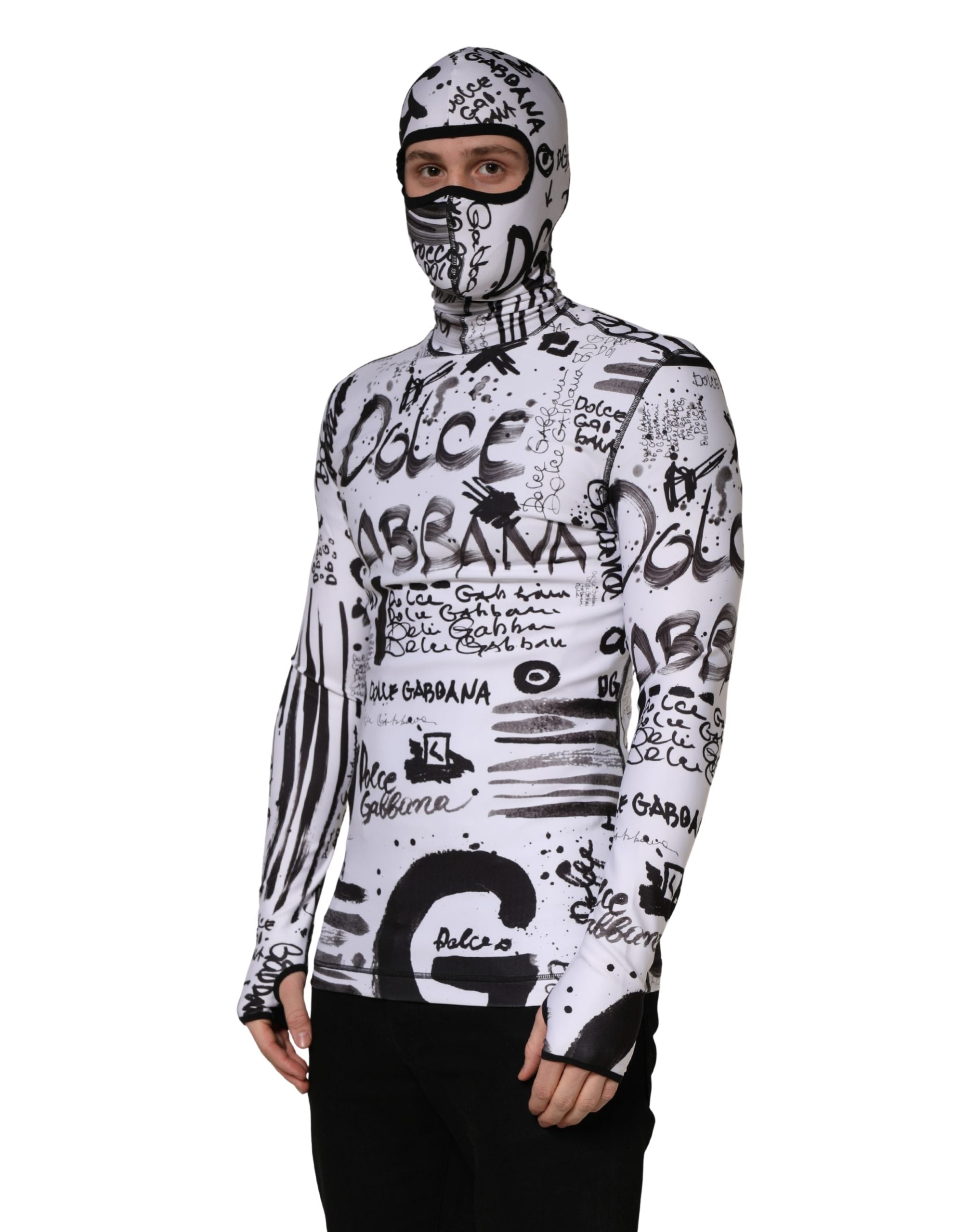 Dolce & Gabbana White Jersey Graffiti Print Balaclava Hood Men's Sweater