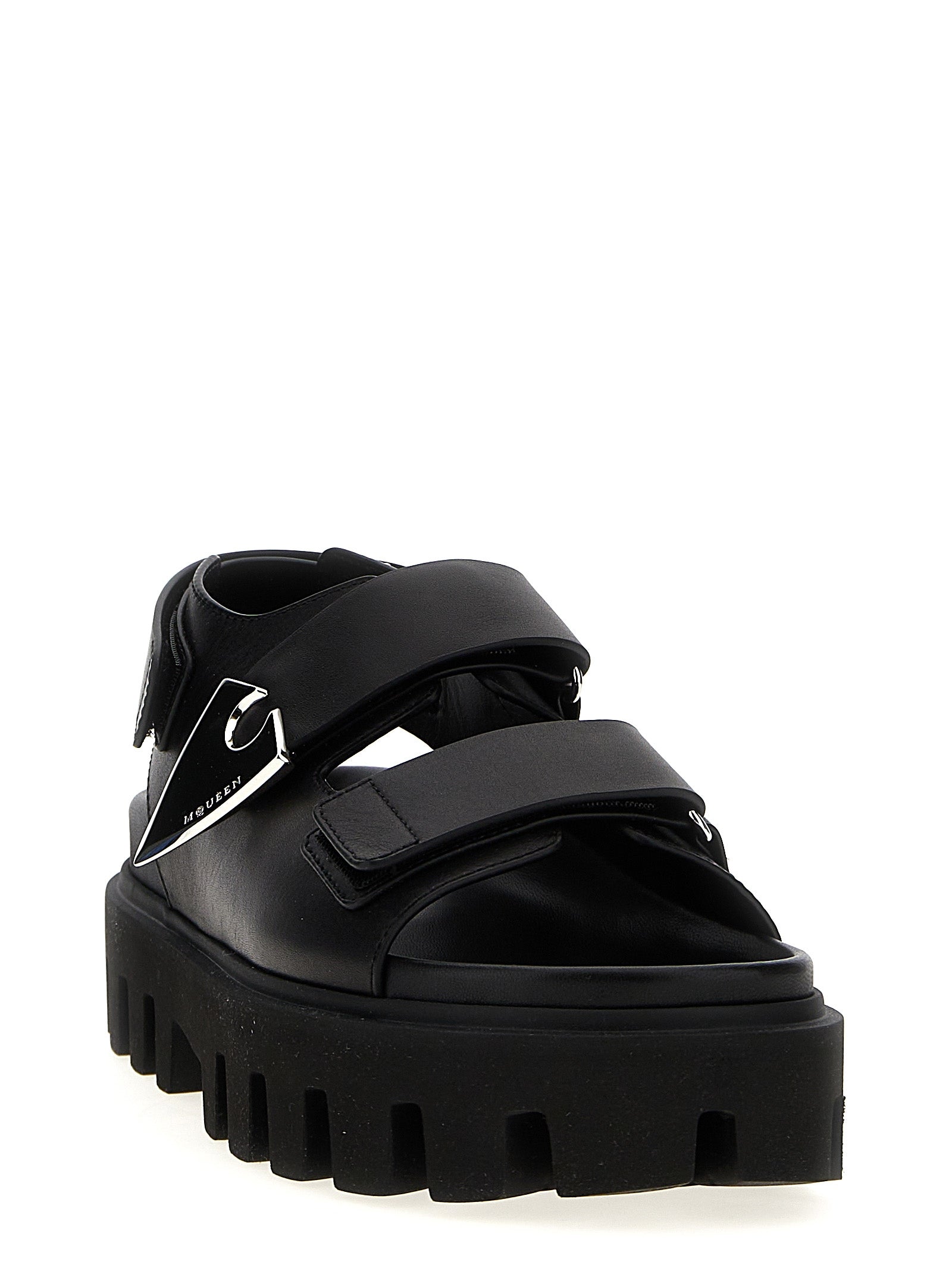 Alexander McQueen Black Calf Leather Bos Taurus Flat Women's Sandals
