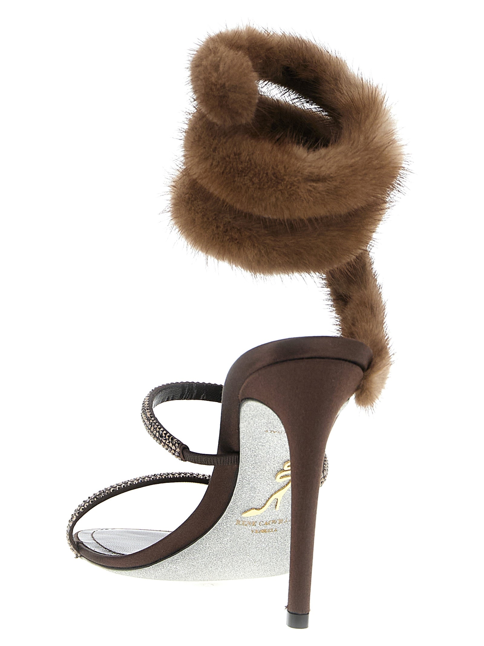 RENE CAOVILLA Brown Satin Stiletto Heel Women's Sandals
