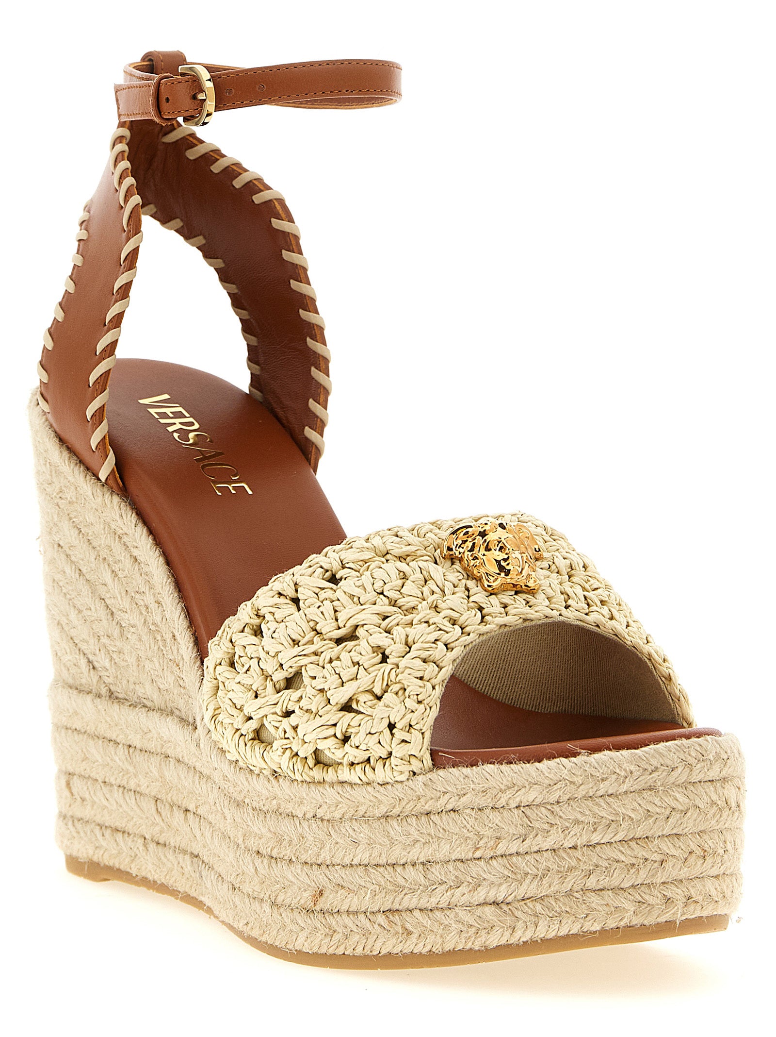 Versace Beige Lamb Leather Wedge Women's Sandals