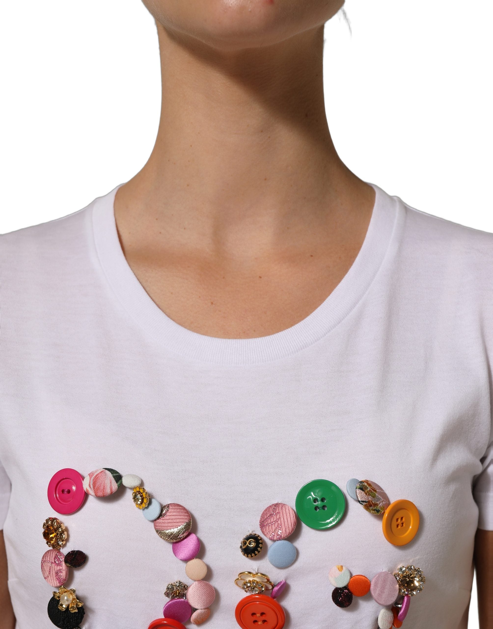 Dolce & Gabbana White DG Logo Embellished Round Neck Women's T-shirt (Pre-Owned)