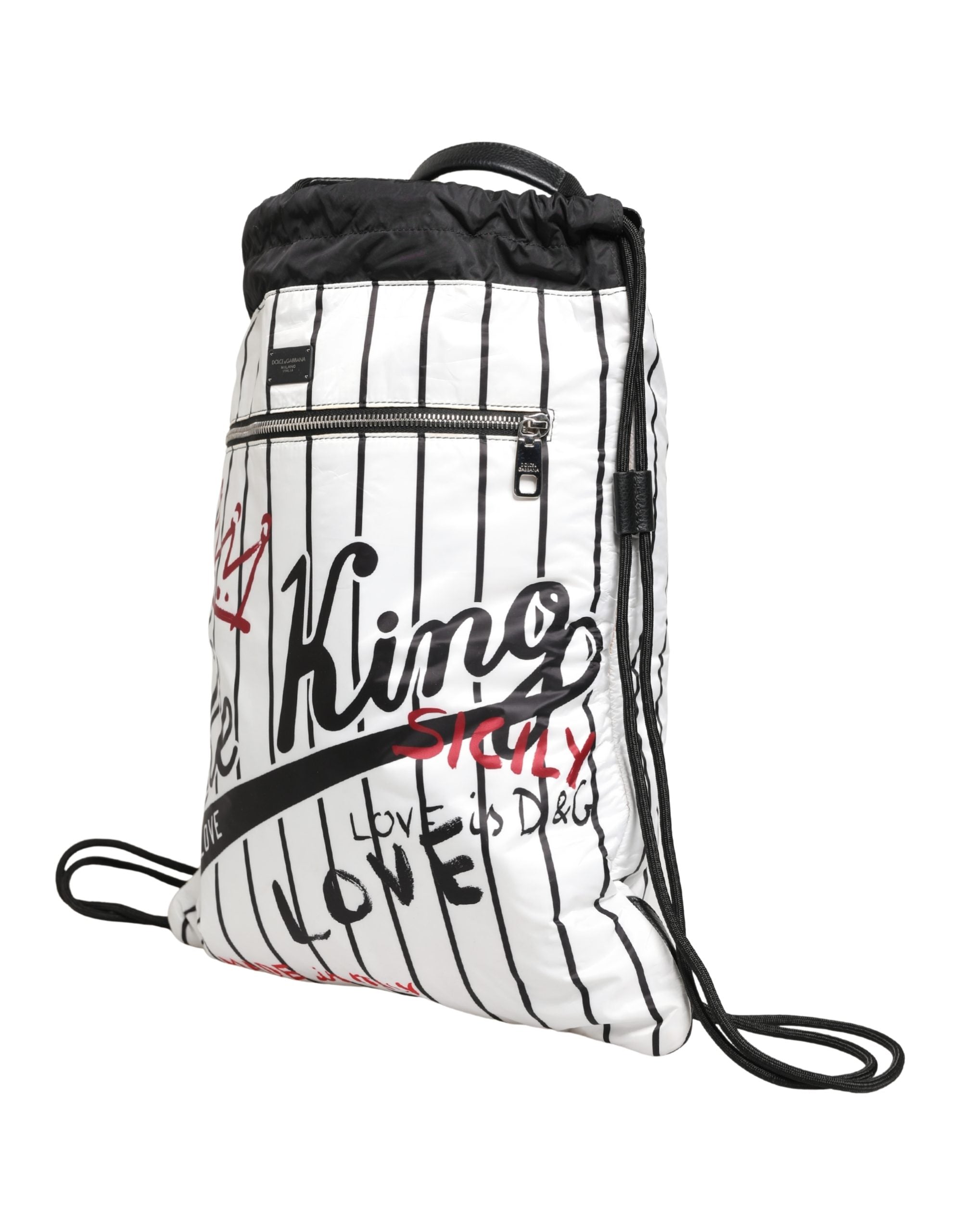 Dolce & Gabbana Black White Striped Polyester Drawstring Backpack Men Men's Bag