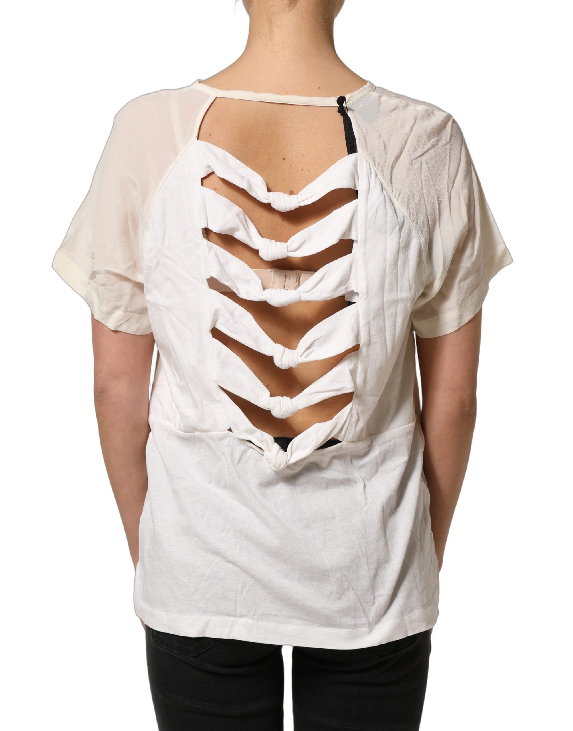 PINKO Off White Silk Sheer Round Neck Short Sleeves Blouse Women's Top (Pre-Owned)
