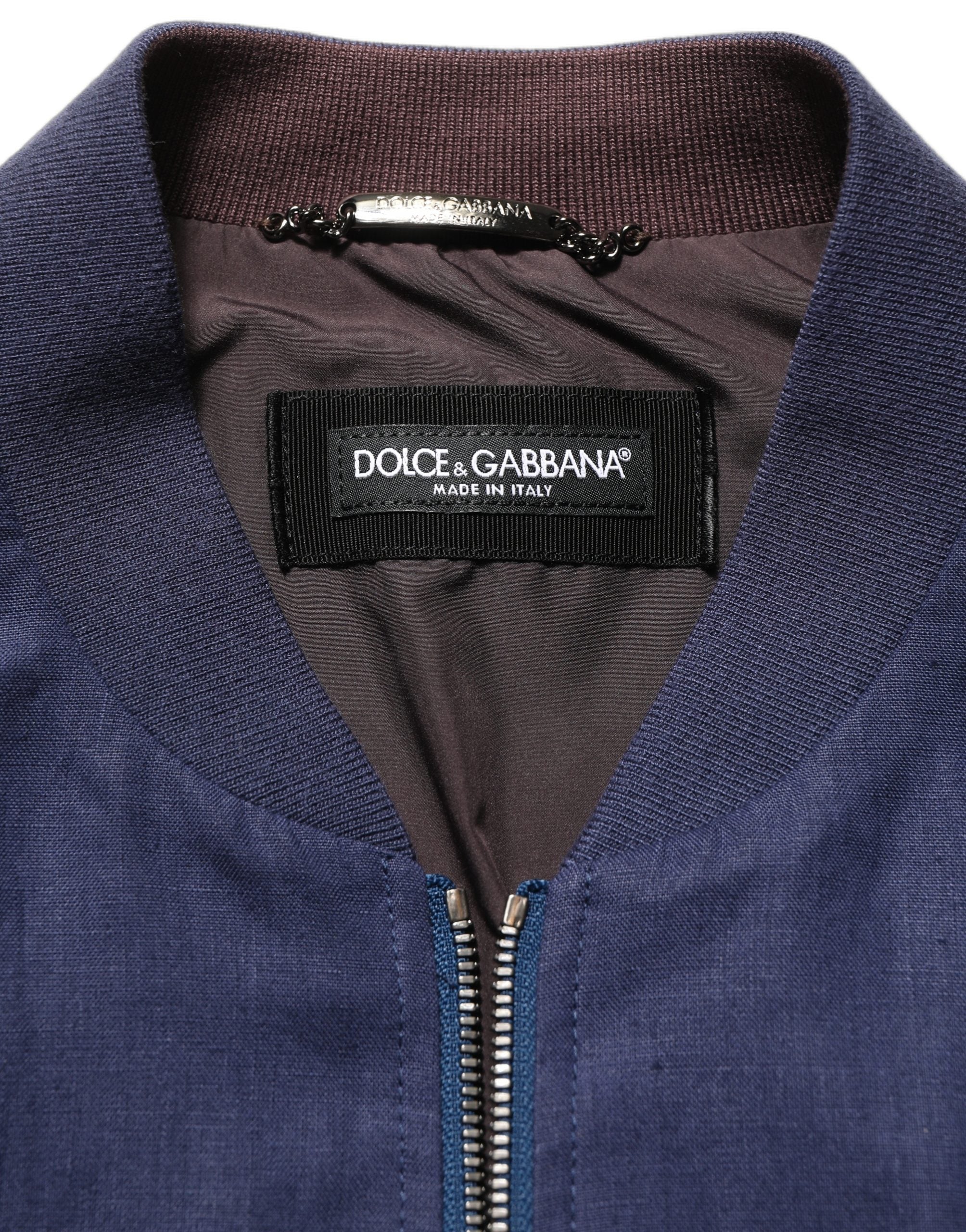 Dolce & Gabbana Blue Linen Full Zip Men Bomber Men's Jacket