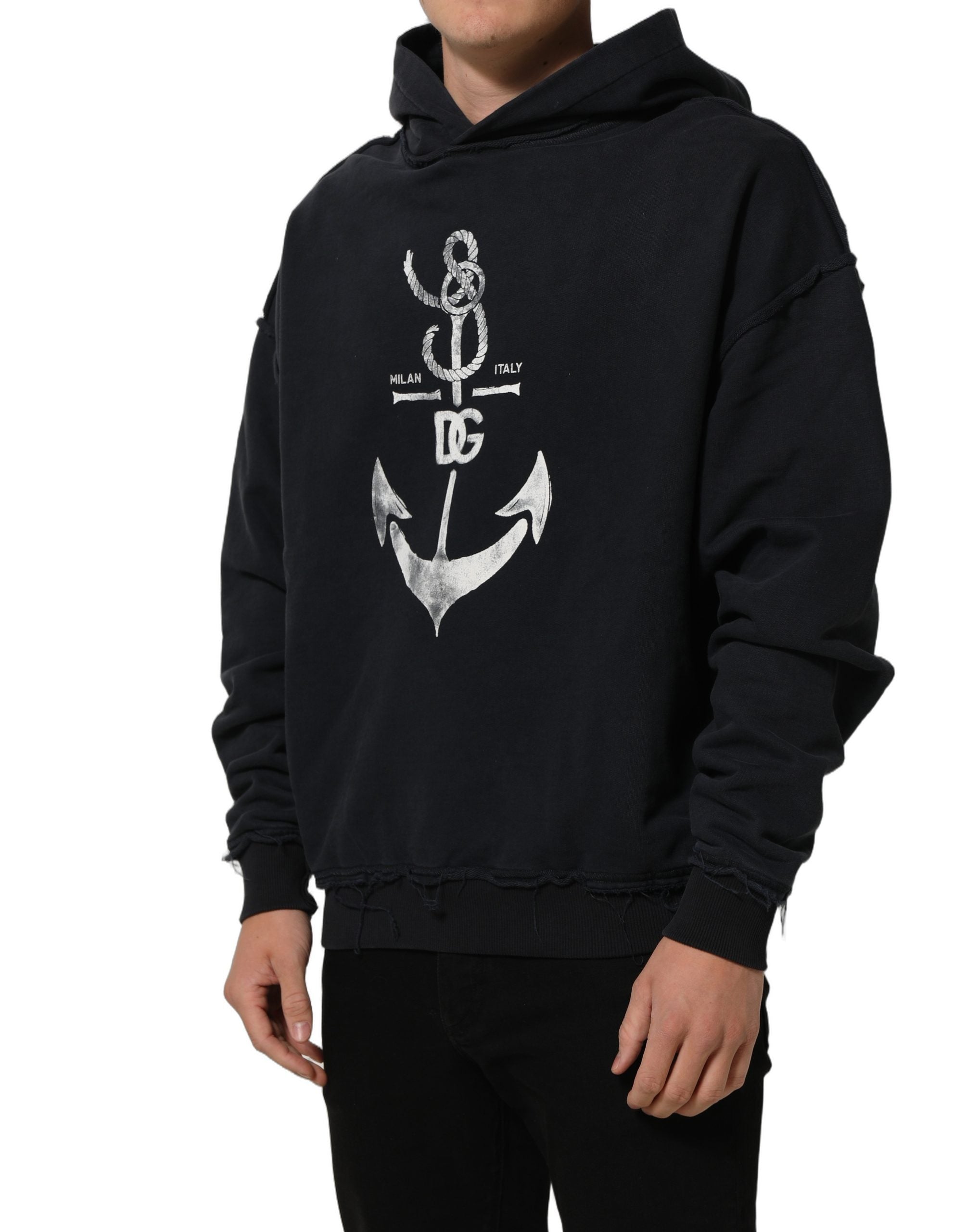 Dolce & Gabbana Black Anchor Print Hooded Sweatshirt Men's Sweater