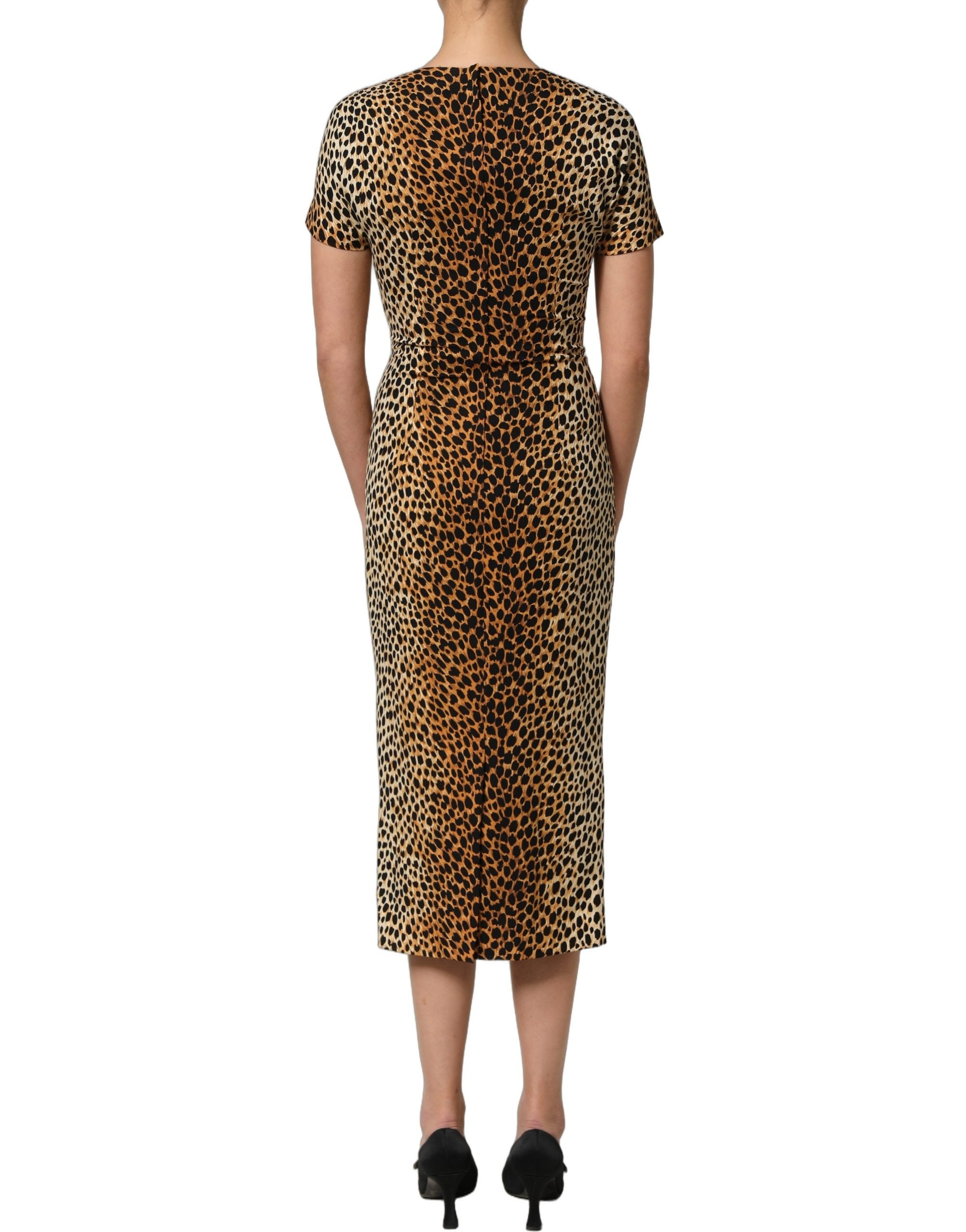 Dolce & Gabbana Brown Leopard Print Silk Sheath Midi Women's Dress