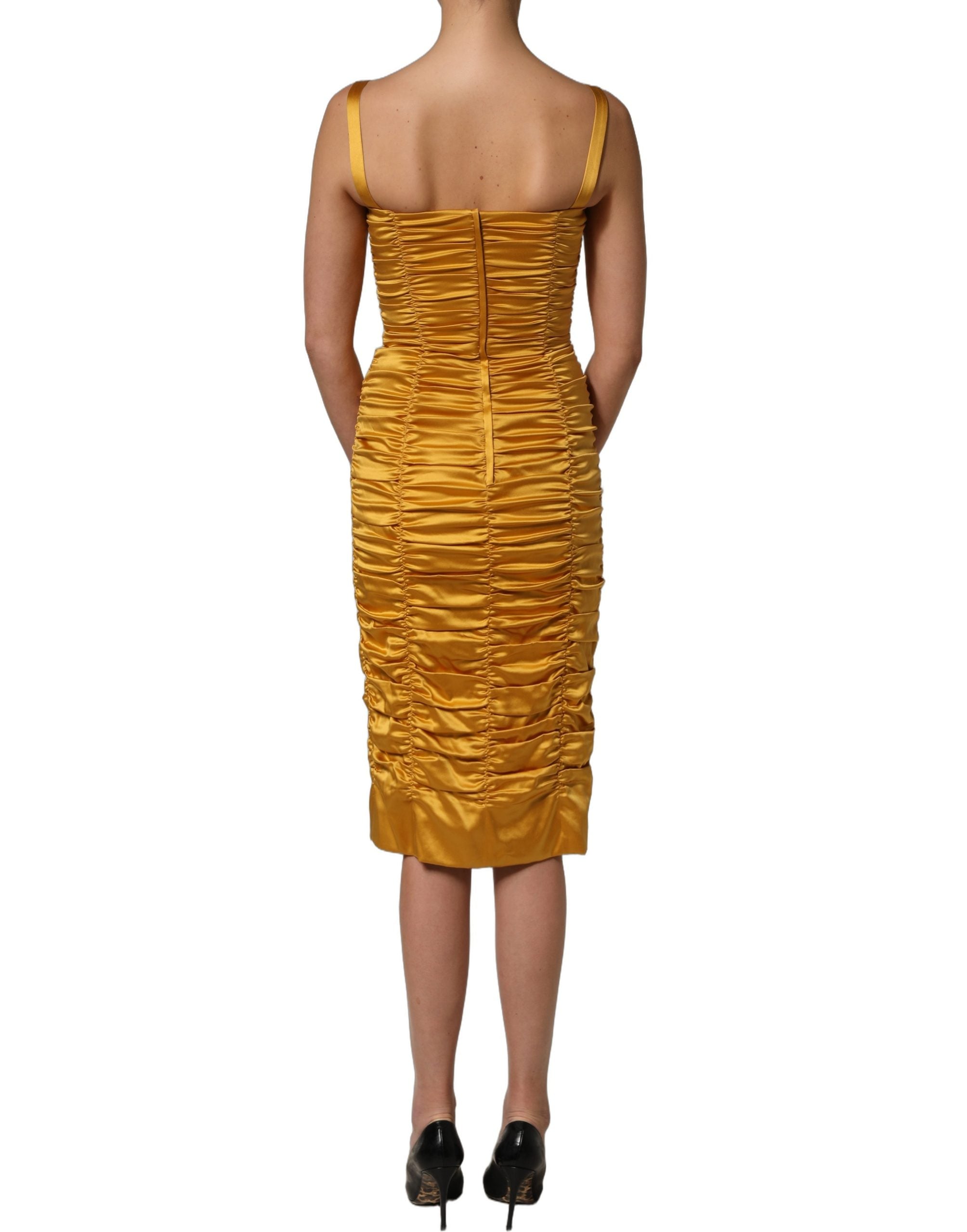 Dolce & Gabbana Gold Silk Ruched Bodycon Sheath Midi Women's Dress