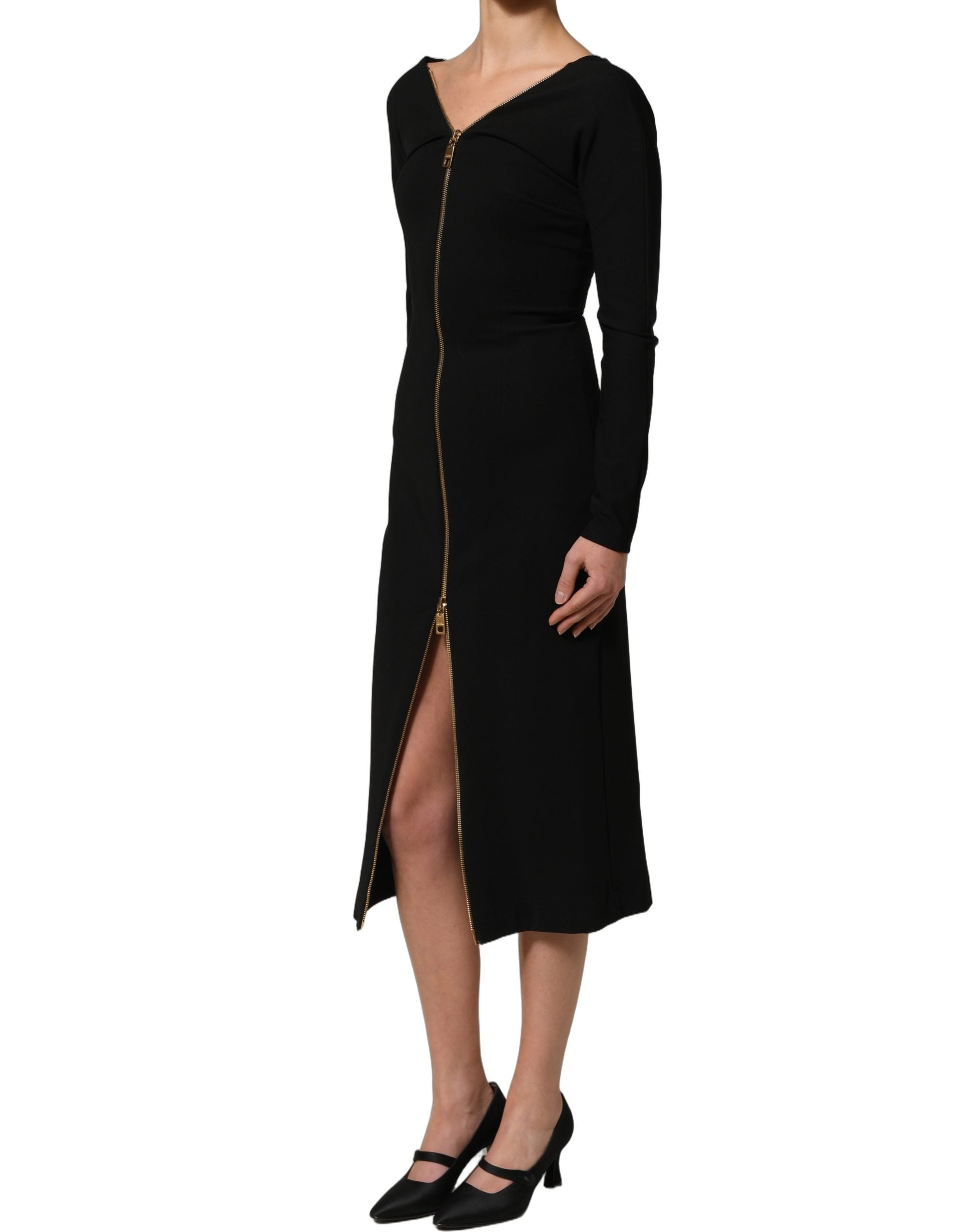 Dolce & Gabbana Black Long Sleeves Front Zipper Midi Women's Dress