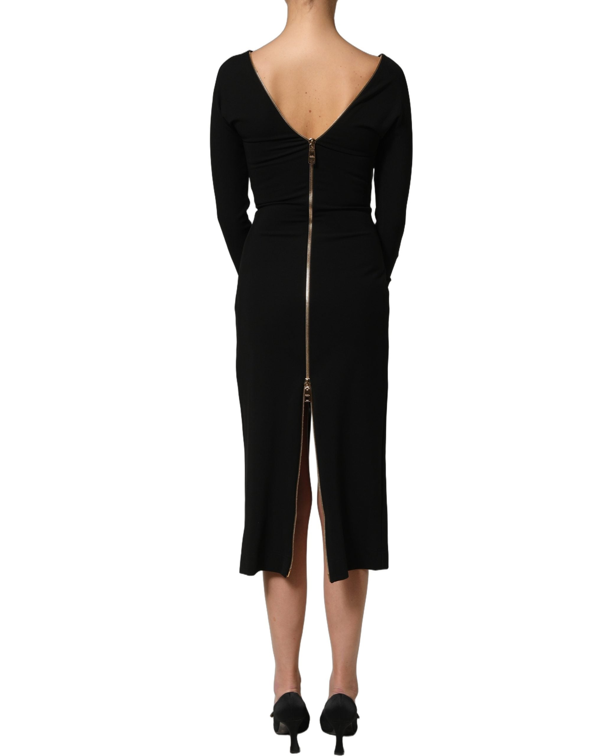 Dolce & Gabbana Black Long Sleeves Front Zipper Midi Women's Dress