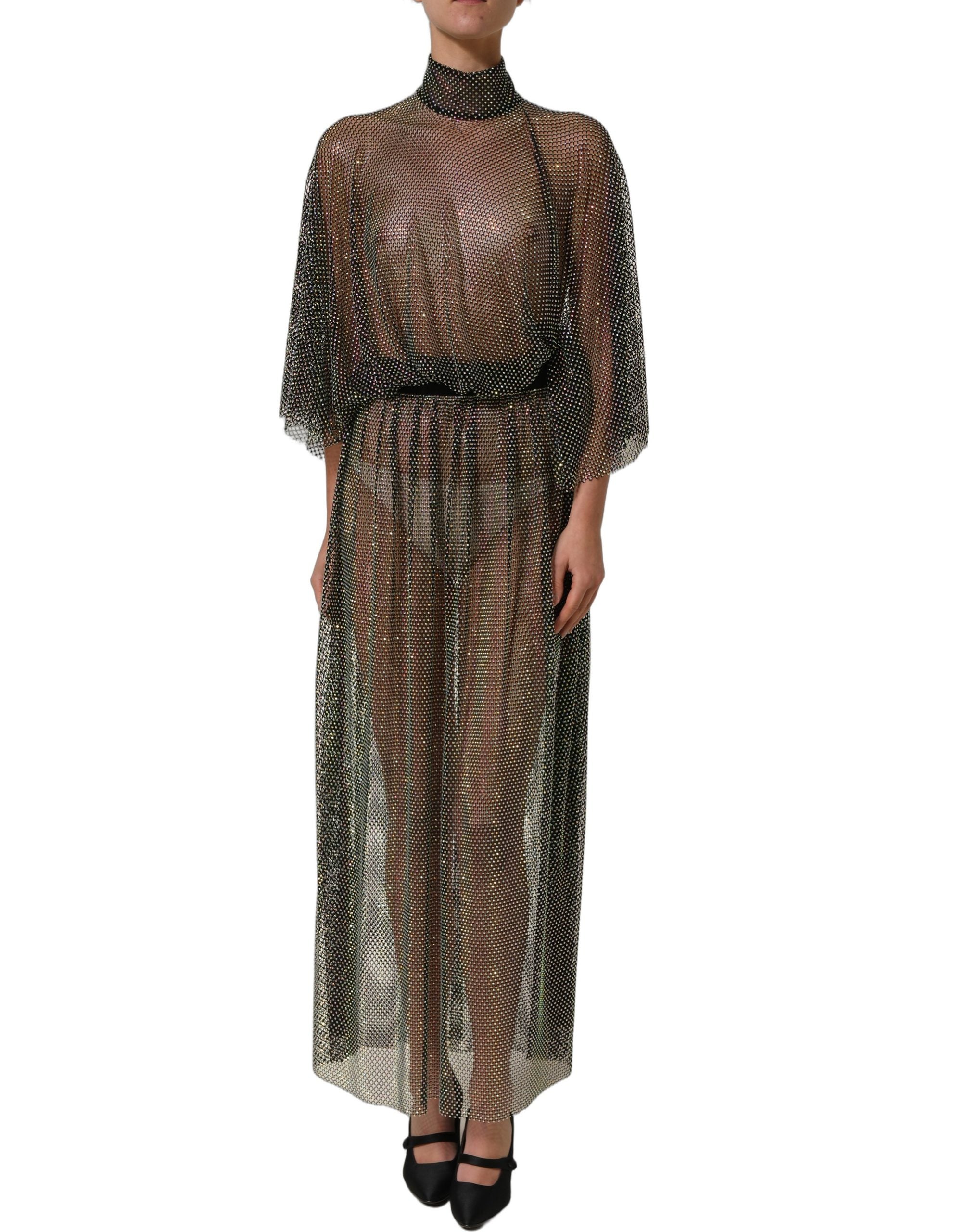 Dolce & Gabbana Black Rhinestone Mesh Turtleneck Maxi Women's Dress