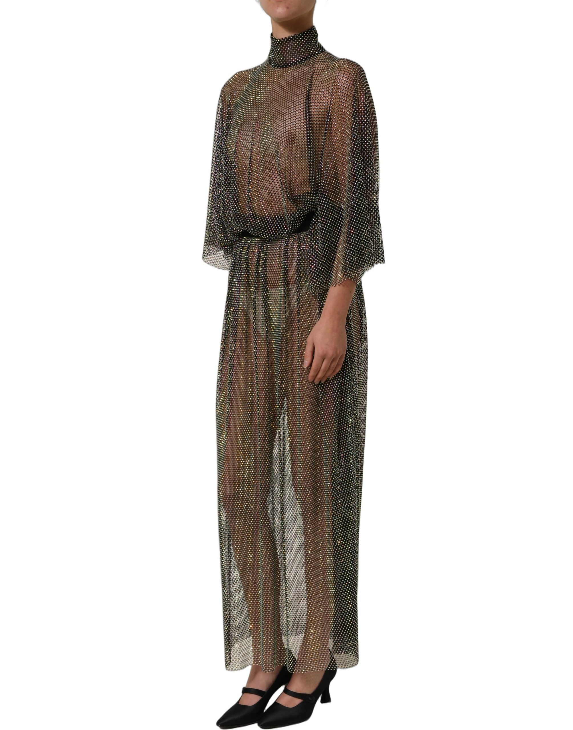 Dolce & Gabbana Black Rhinestone Mesh Turtleneck Maxi Women's Dress