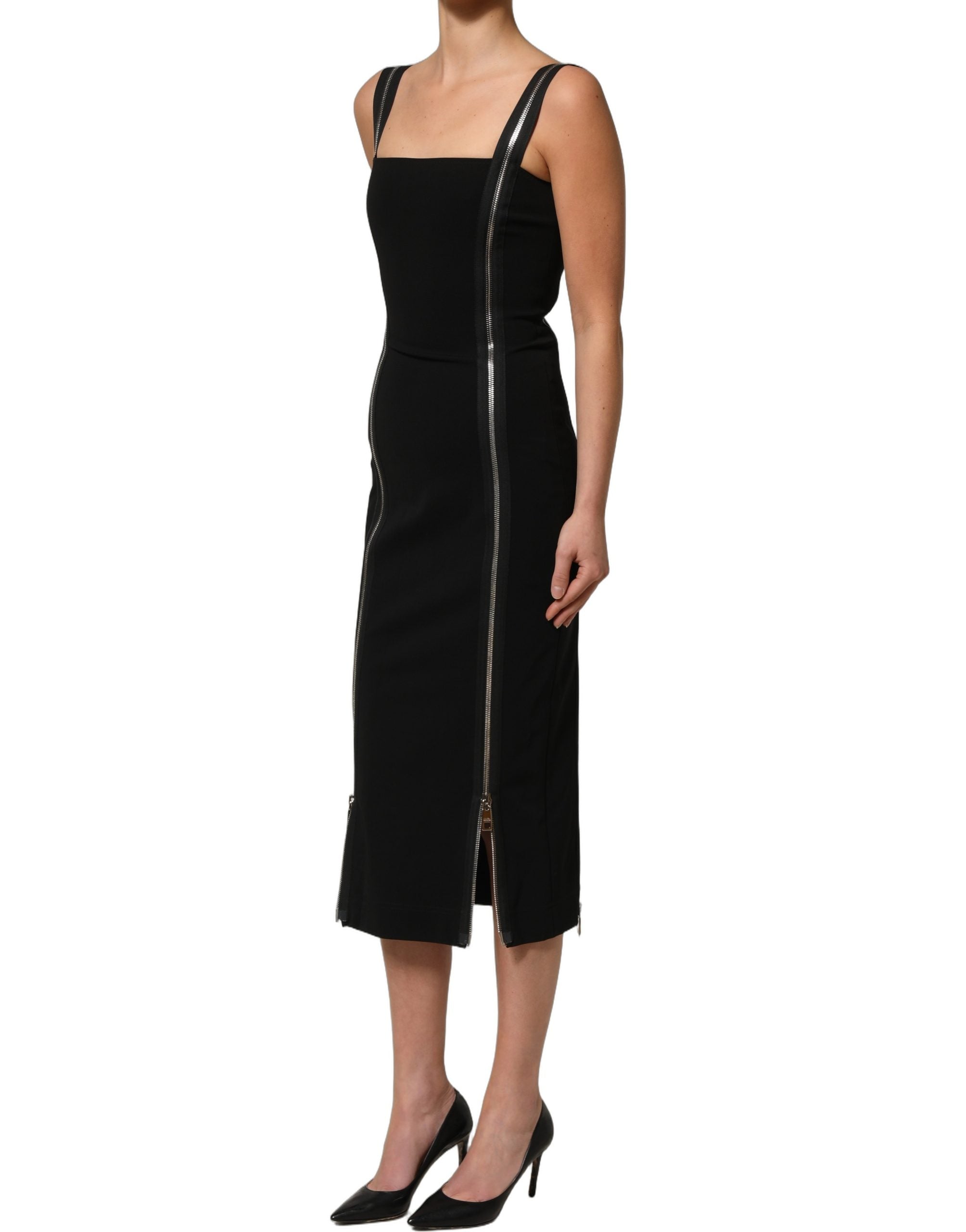 Dolce & Gabbana Black Sleeveless Front Zipper Midi Women's Dress