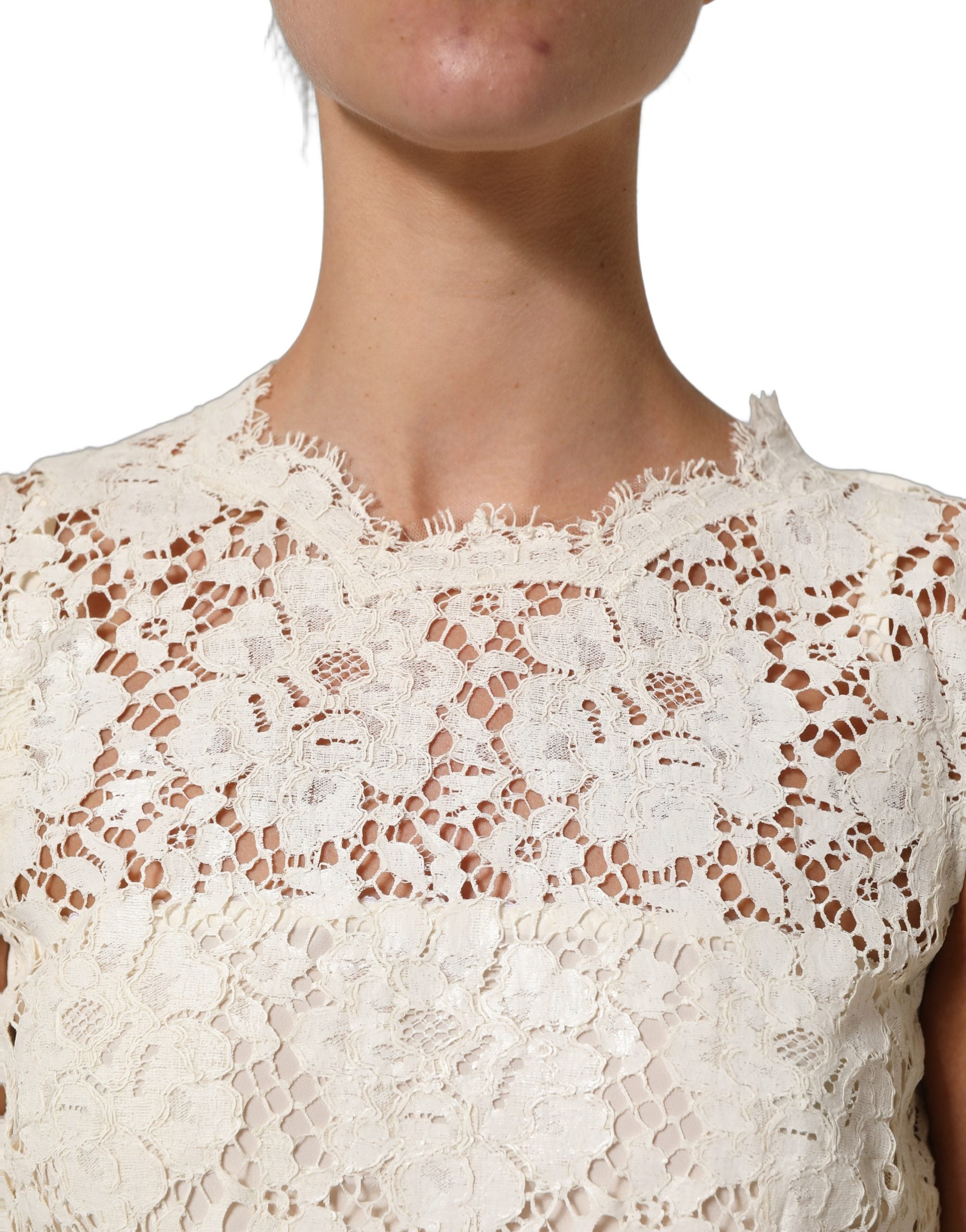 Dolce & Gabbana White Cotton Corded Lace Sleeveless Midi Women's Dress (Pre-Owned)