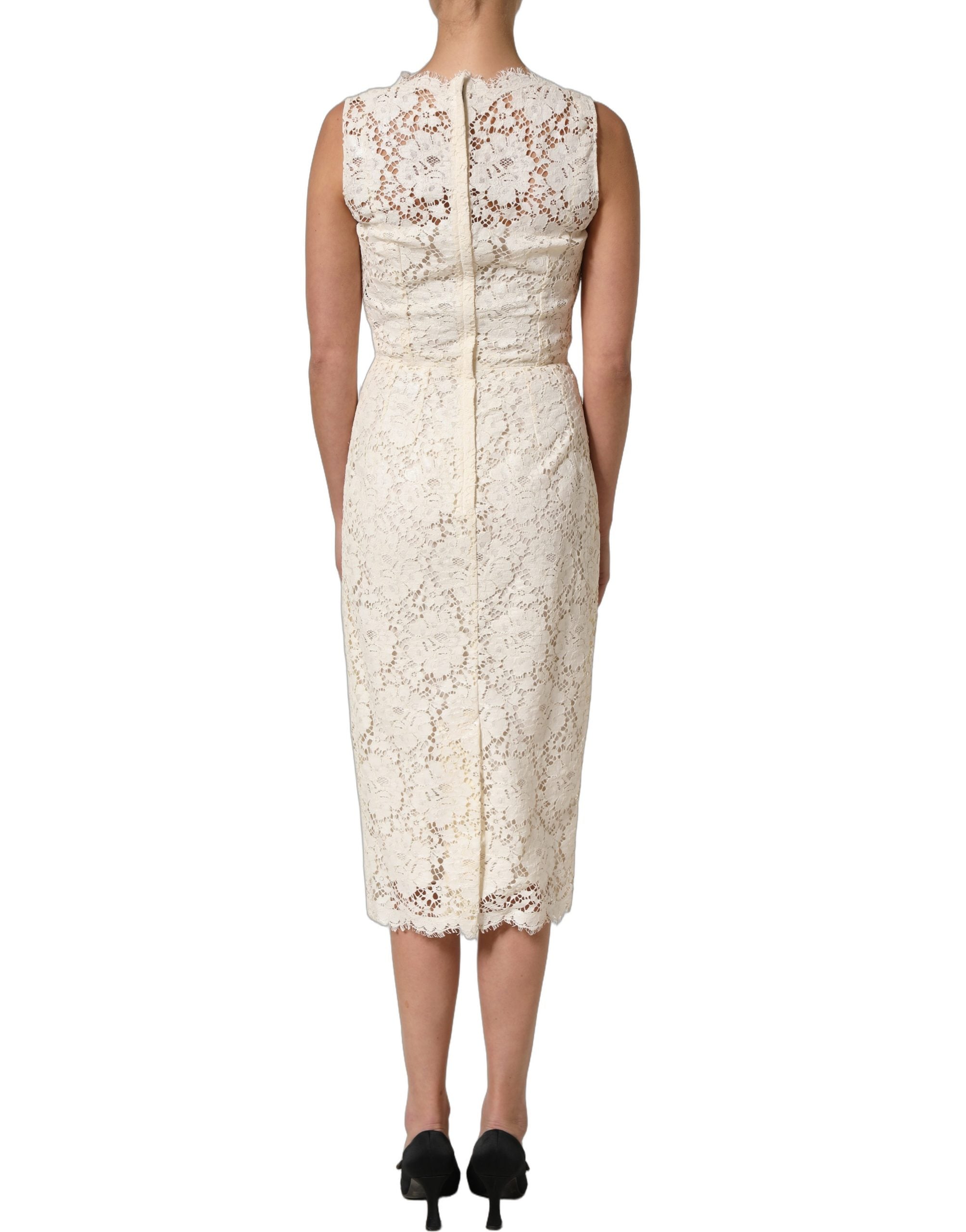Dolce & Gabbana White Cotton Corded Lace Sleeveless Midi Women's Dress (Pre-Owned)