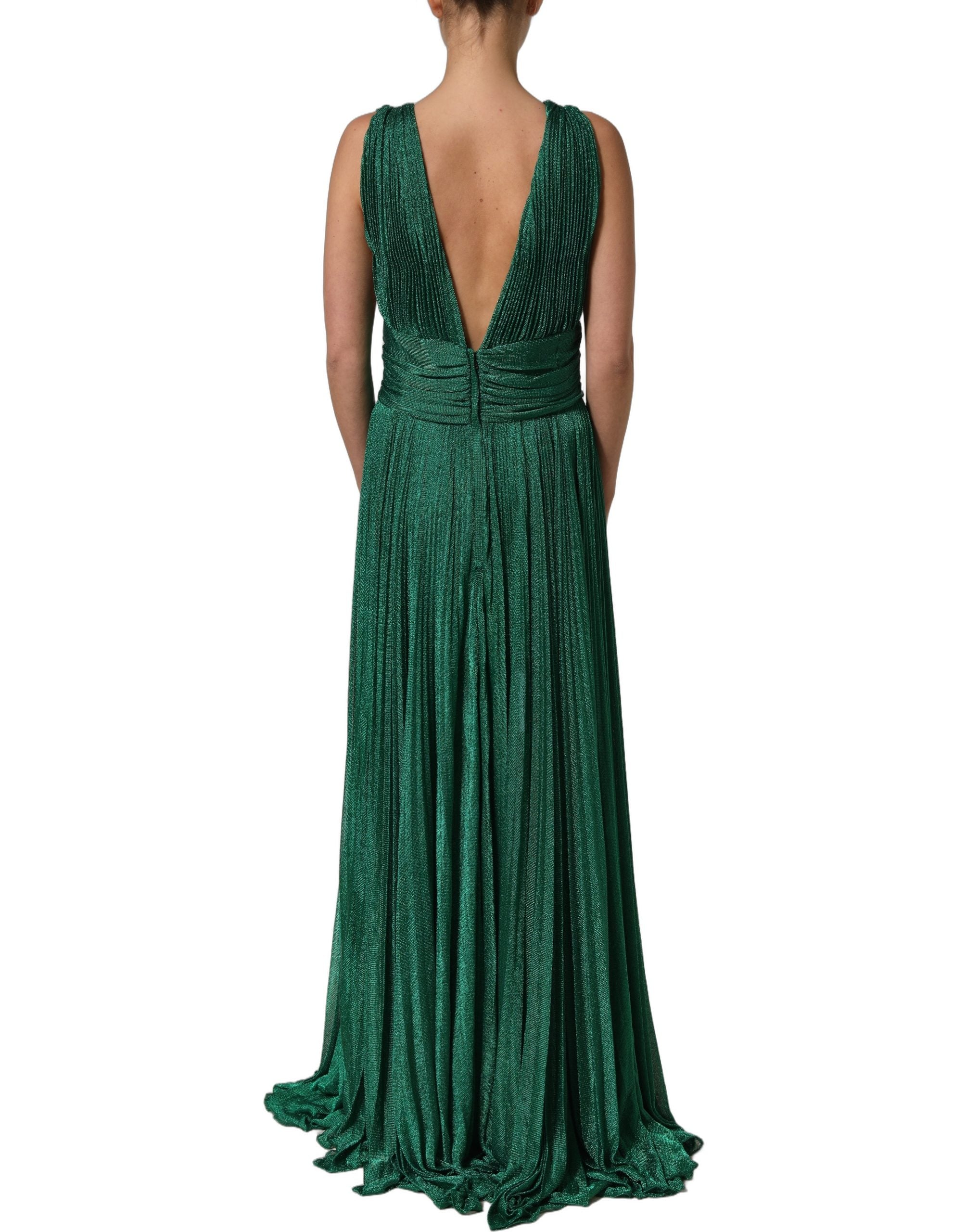 Dolce & Gabbana Metallic Green Sleeveless Plissé Gown Women's Dress (Pre-Owned)