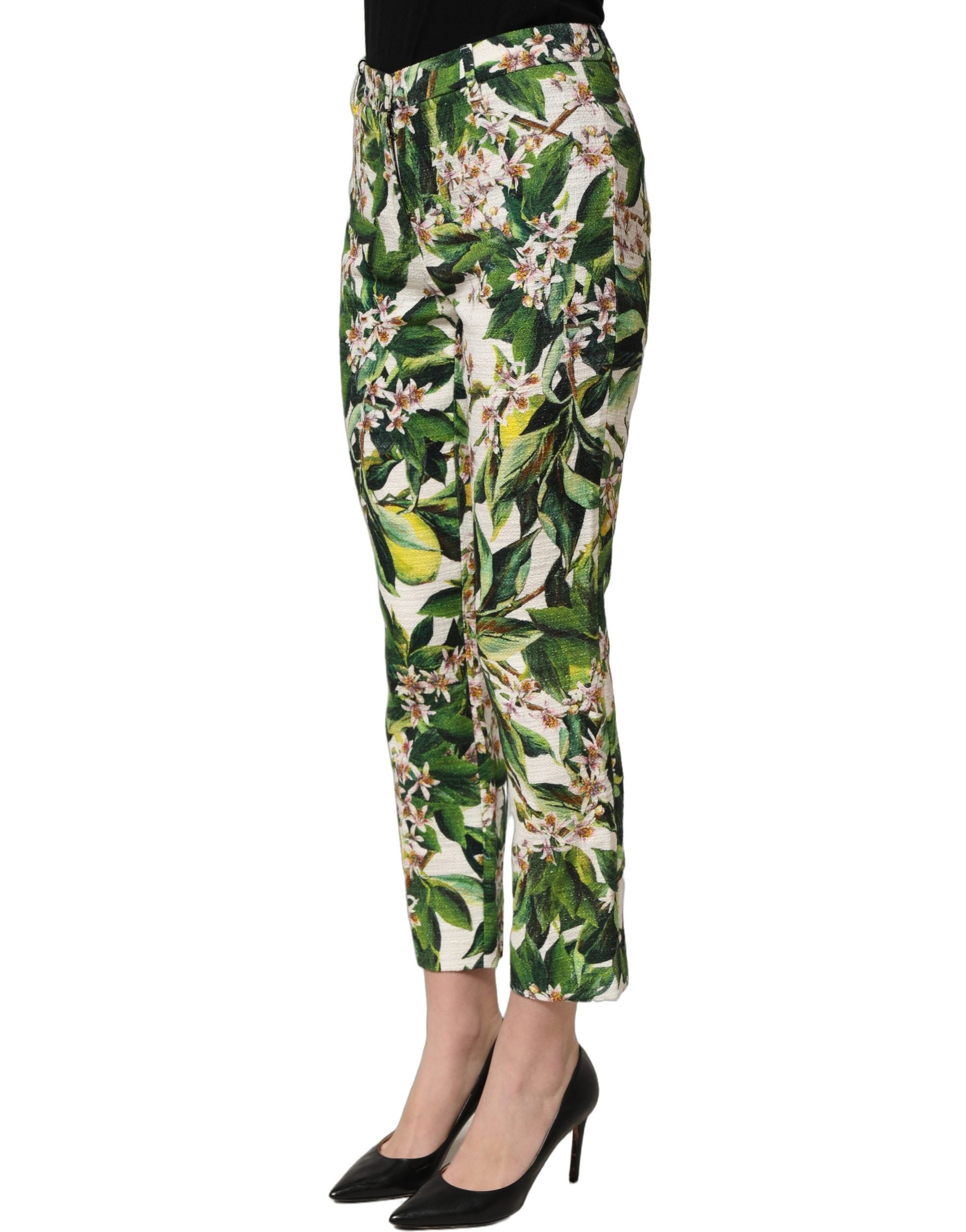 Dolce & Gabbana White Floral Print Cropped Straight Women's Pants