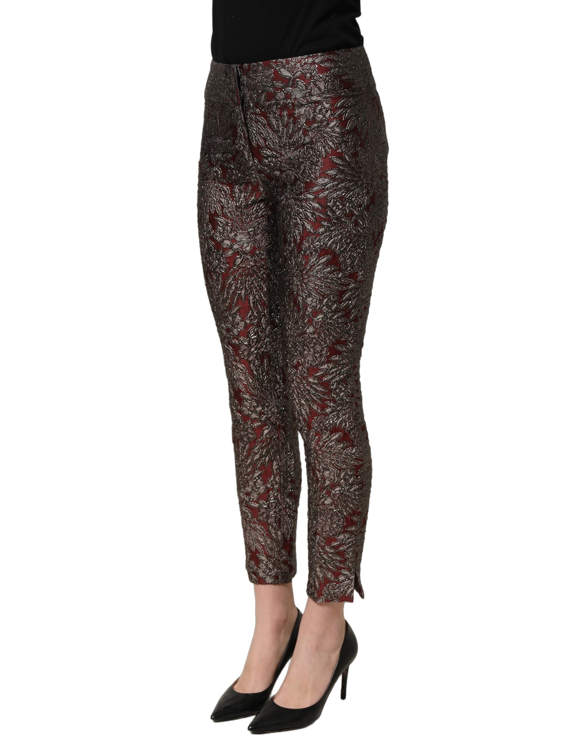 Dolce & Gabbana Burgundy Grey Floral Jacquard Straight Women's Pants