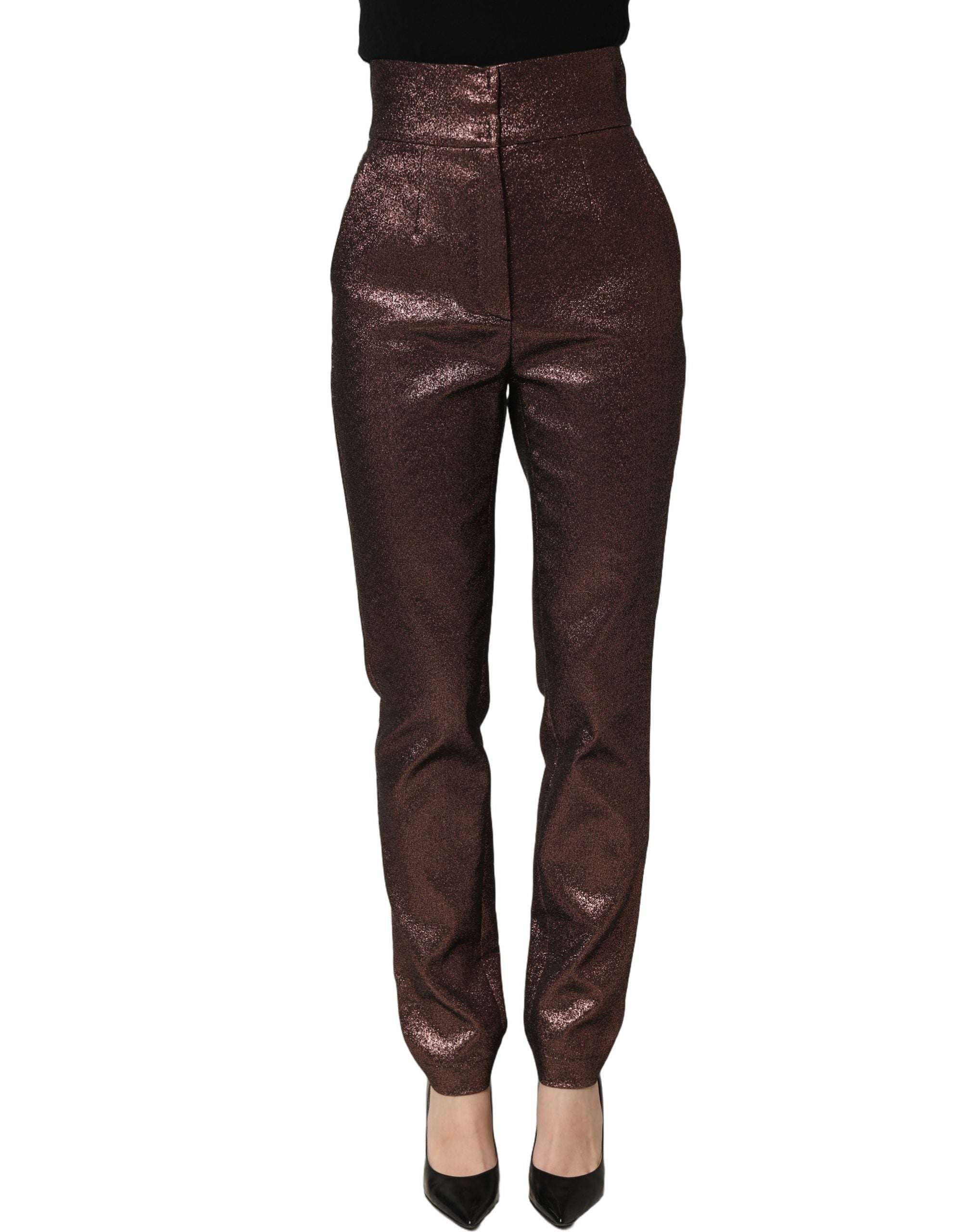 Dolce & Gabbana Metallic Brown High Waist Tapered Leg Women's Pants