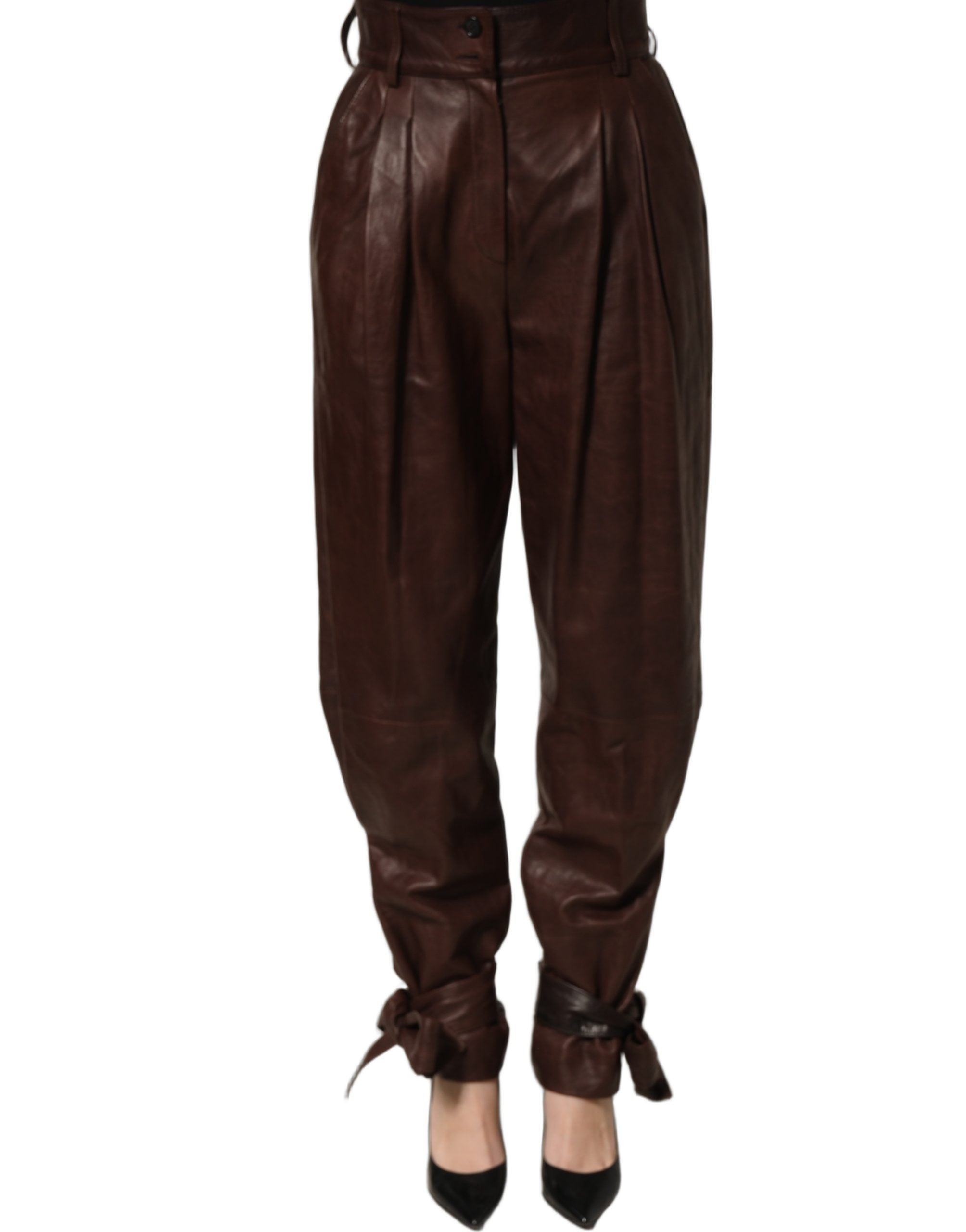 Dolce & Gabbana Brown Leather High Waist Tapered Leg Women's Pants