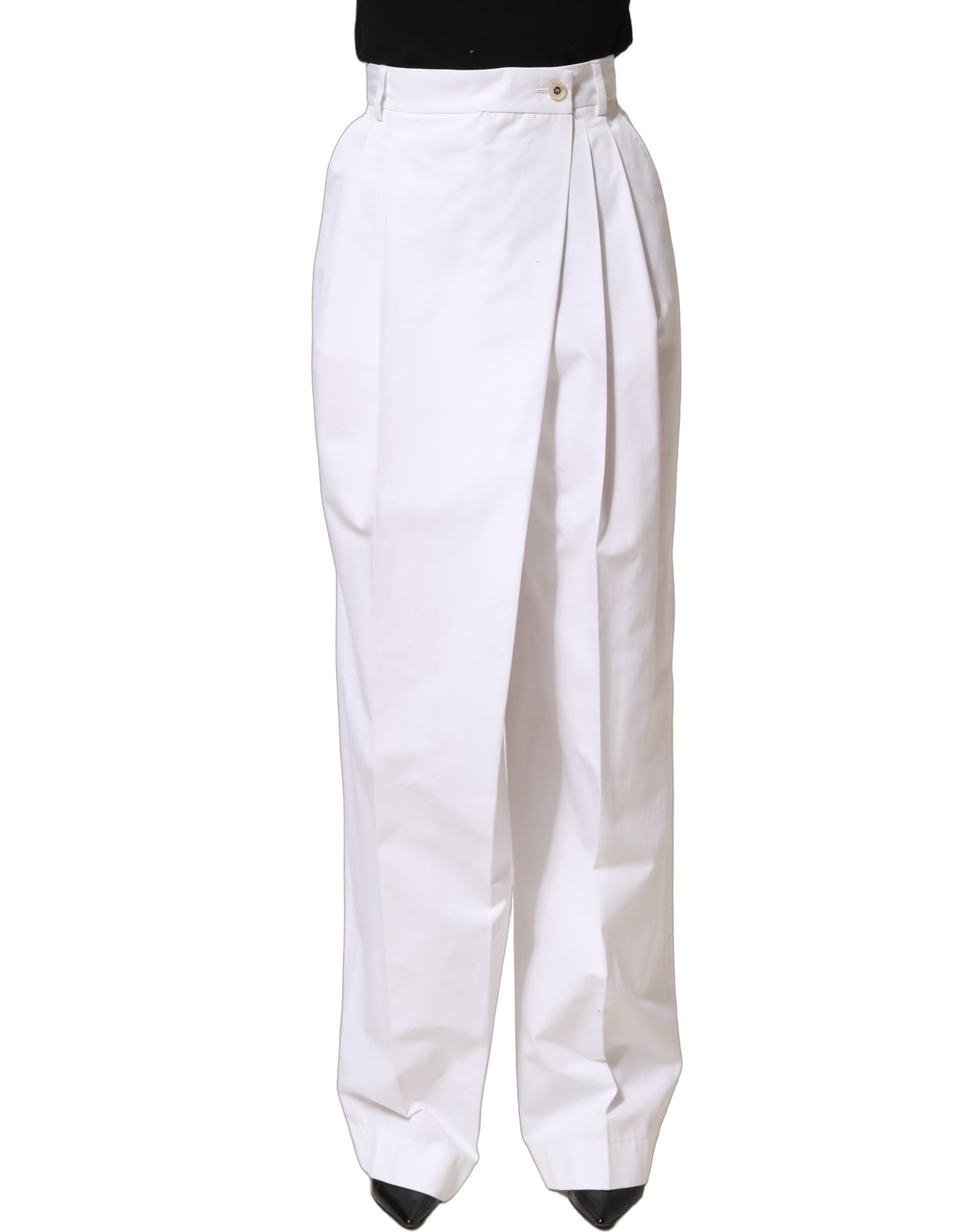 Dolce & Gabbana White Cotton High Waist Pleated Wide Leg Women's Pants