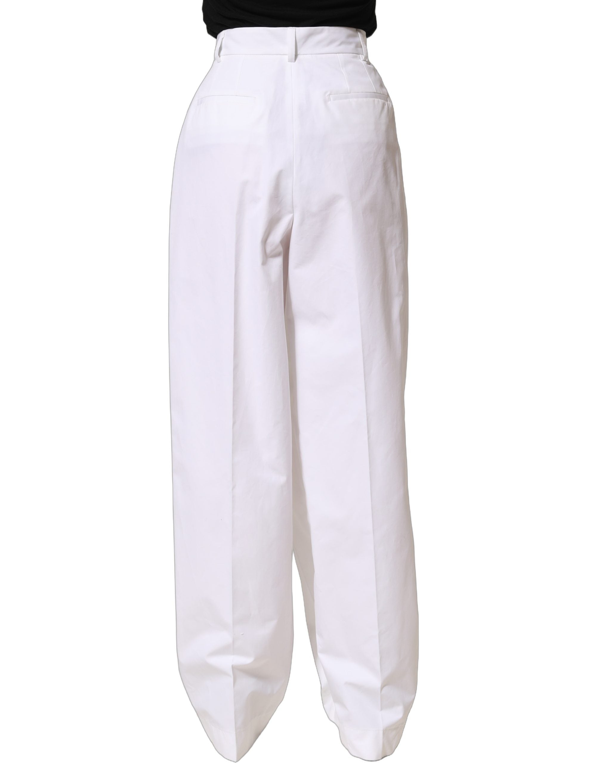 Dolce & Gabbana White Cotton High Waist Pleated Wide Leg Women's Pants