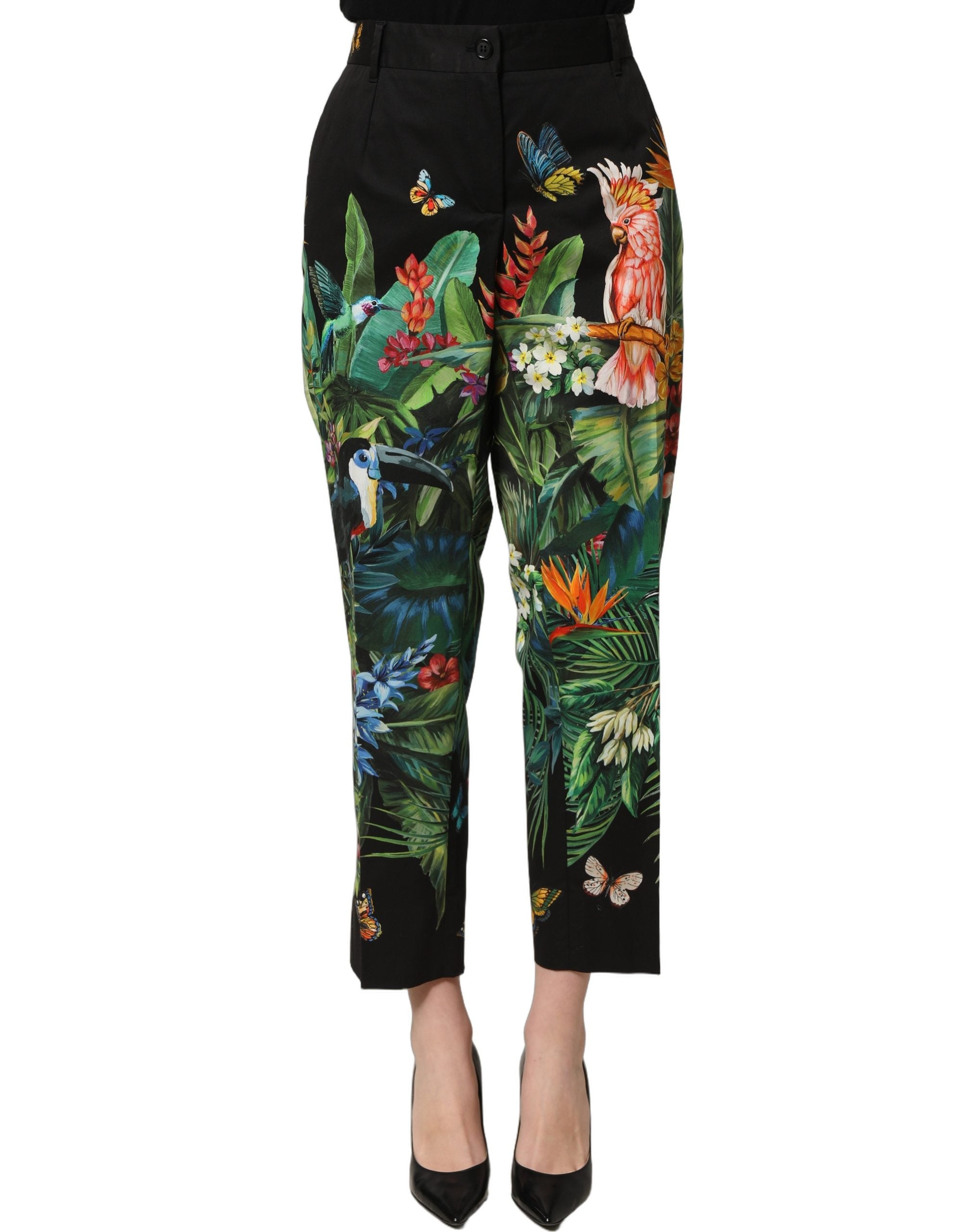 Dolce & Gabbana Black Tropical Print Cotton HighWaist Women's Pants