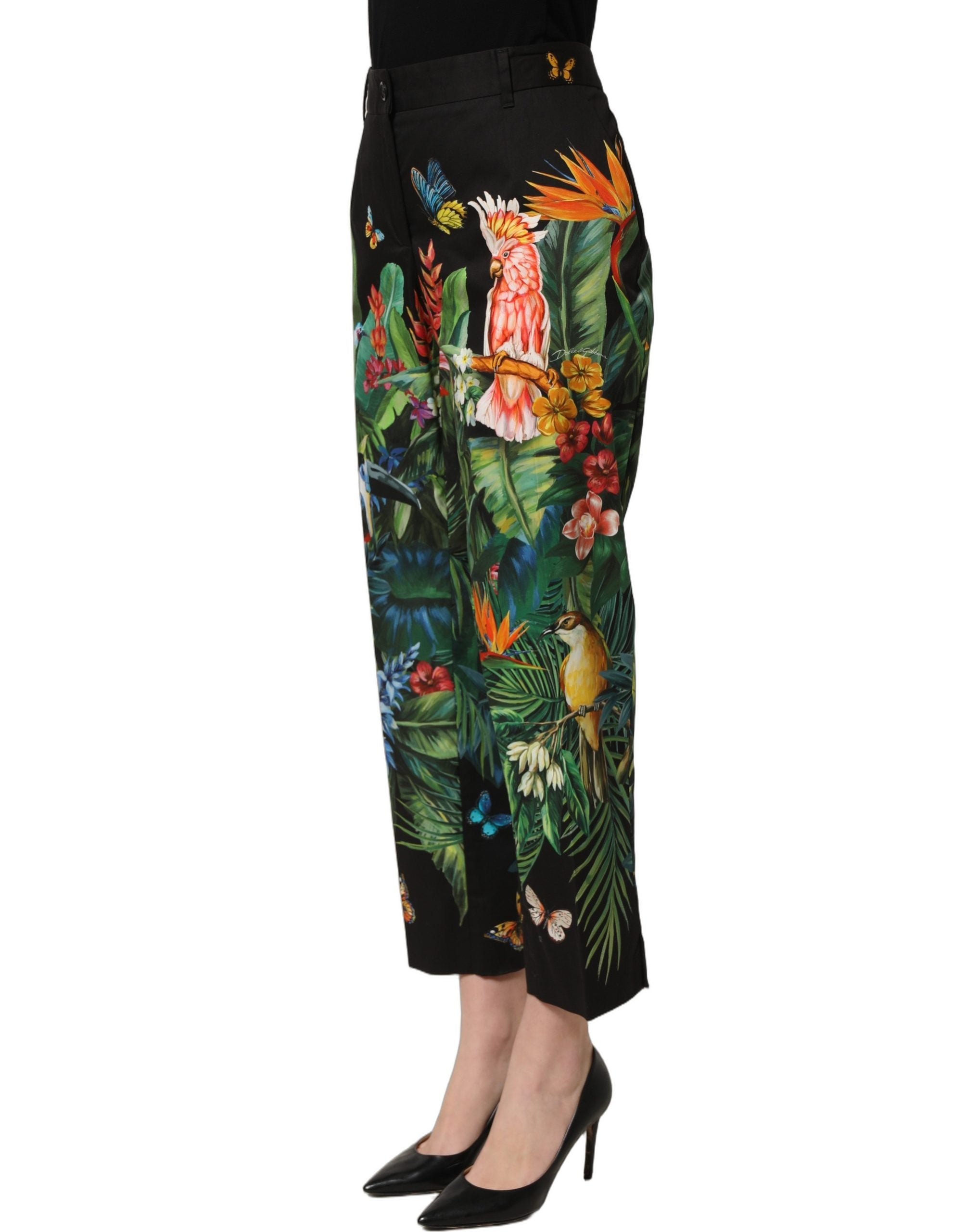 Dolce & Gabbana Black Tropical Print Cotton HighWaist Women's Pants