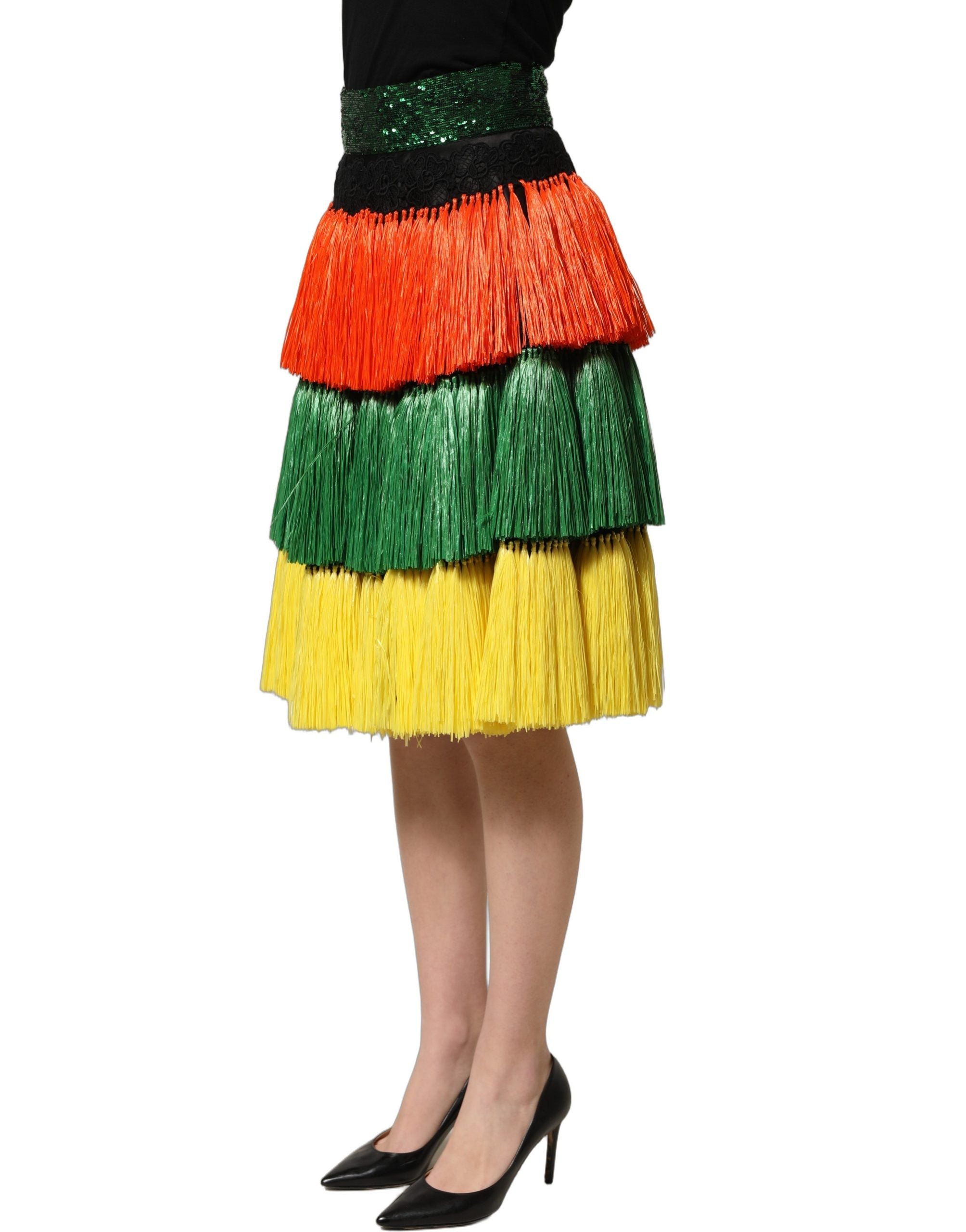 Dolce & Gabbana Multicolor Fringe Sequin High Waist Knee Length Women's Skirt