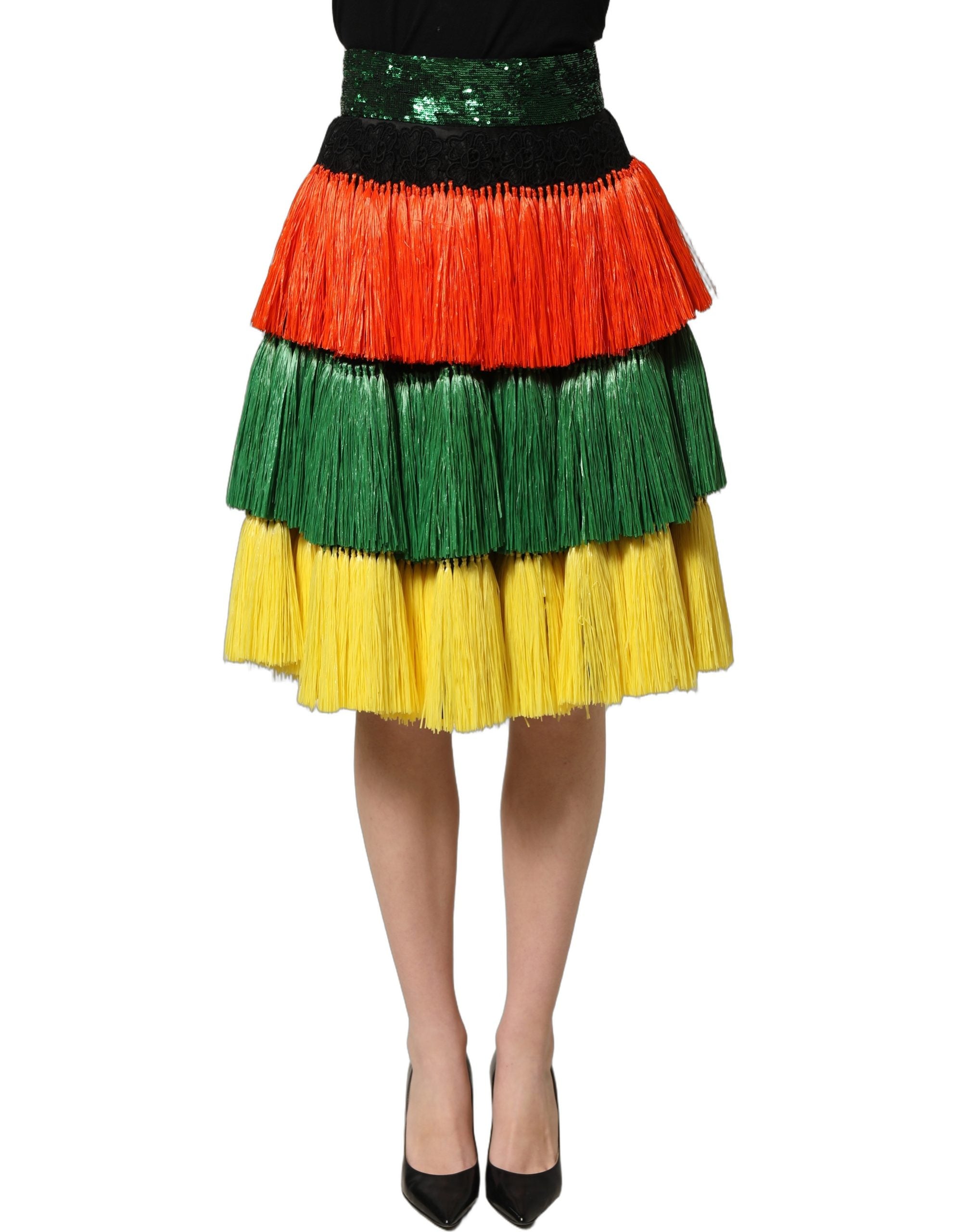 Dolce & Gabbana Multicolor Fringe Sequin High Waist Knee Length Women's Skirt