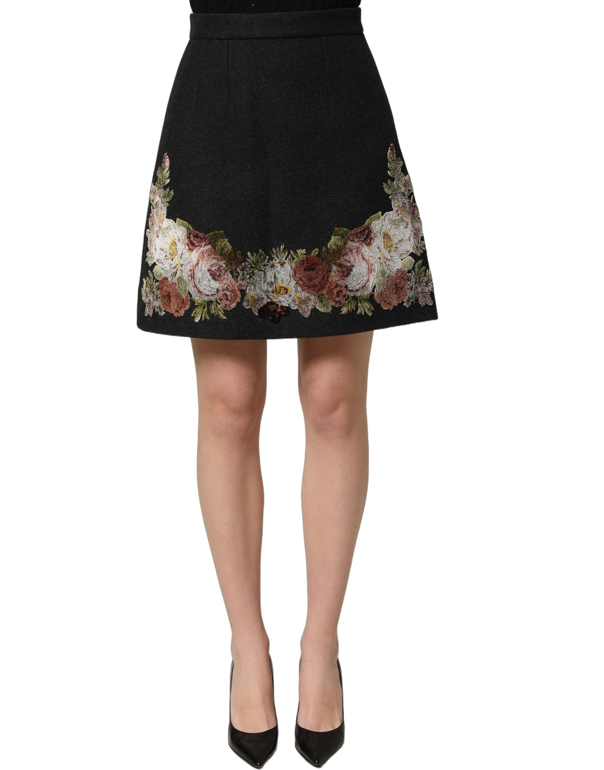 Dolce & Gabbana Black Floral Macramé High Waist A-line Women's Skirt