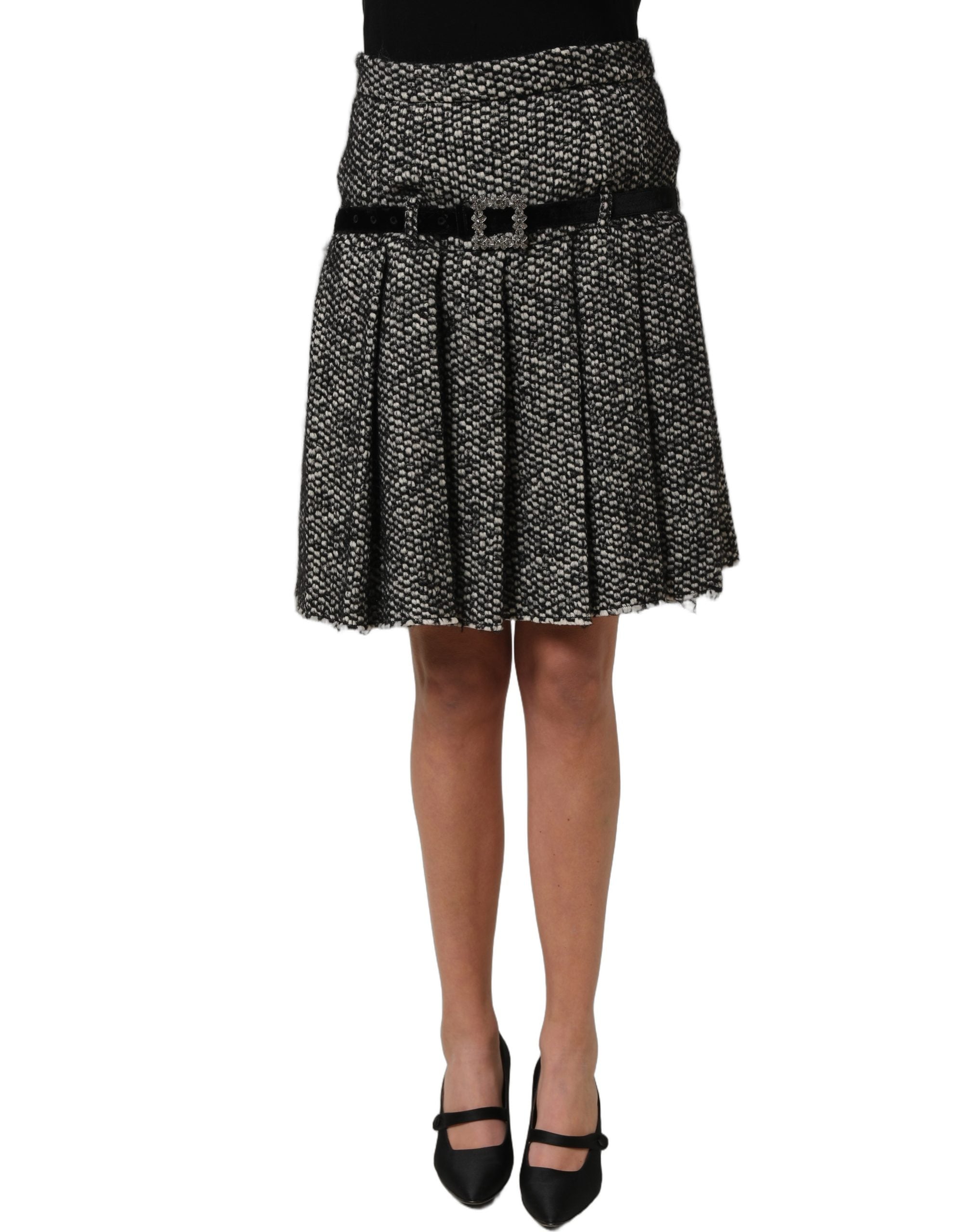 Dolce & Gabbana Black White Tweed High Waist Pleated Women's Skirt