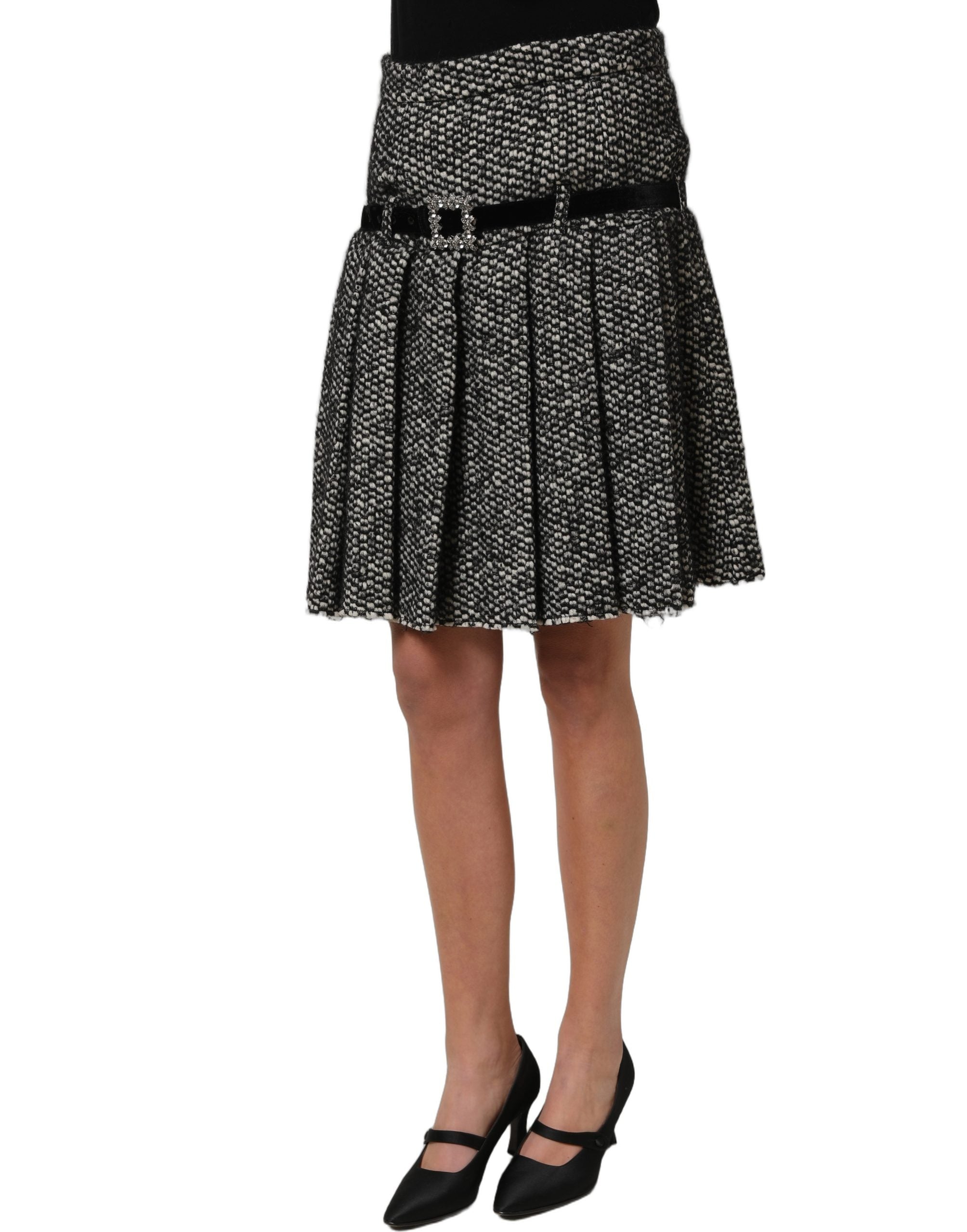 Dolce & Gabbana Black White Tweed High Waist Pleated Women's Skirt
